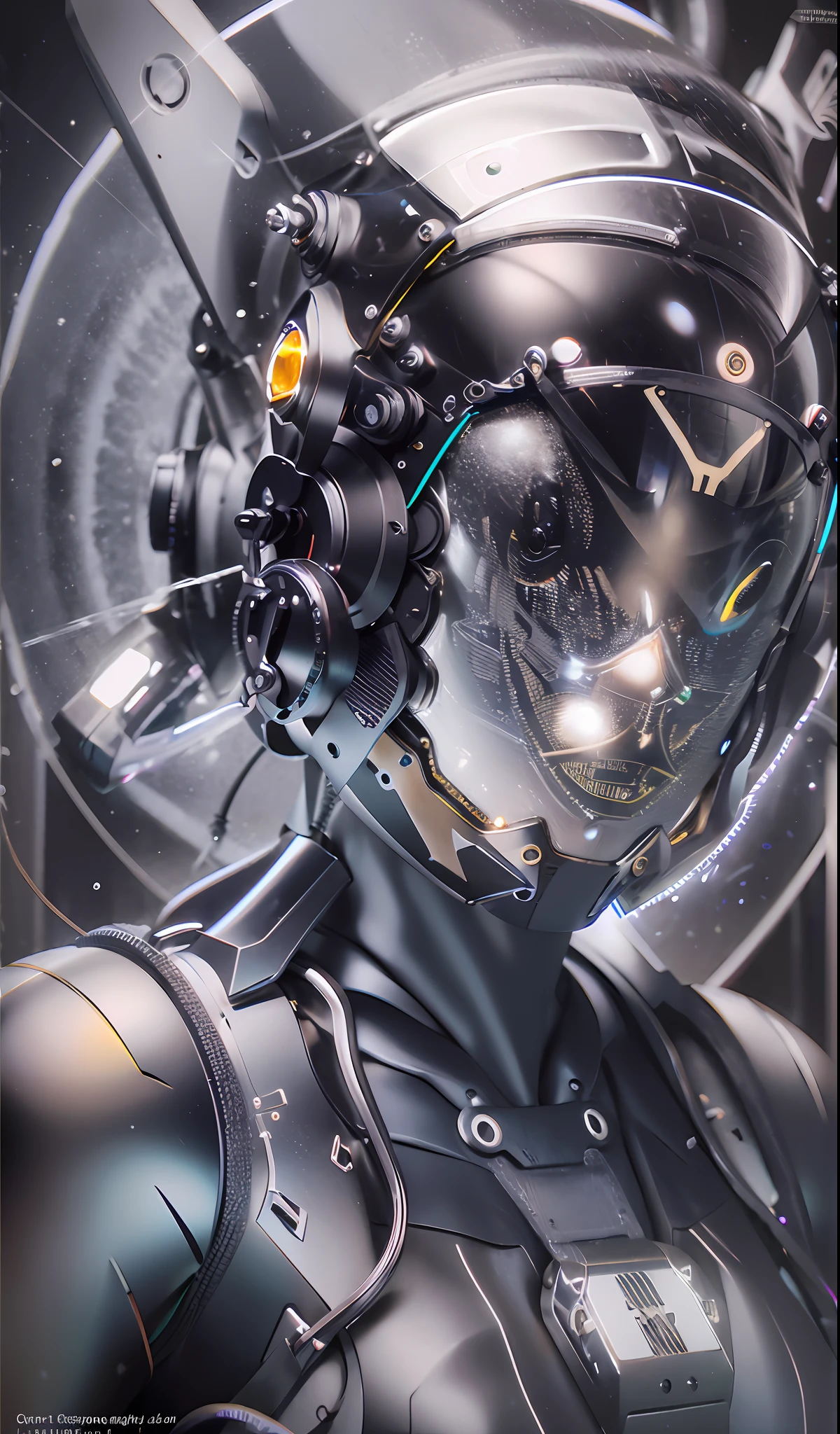 Original, masterpiece, high quality, cyborg woman, in a black circle illuminates the cybernetic helmet with silver ears, black dress and short shiny gold, on the moon