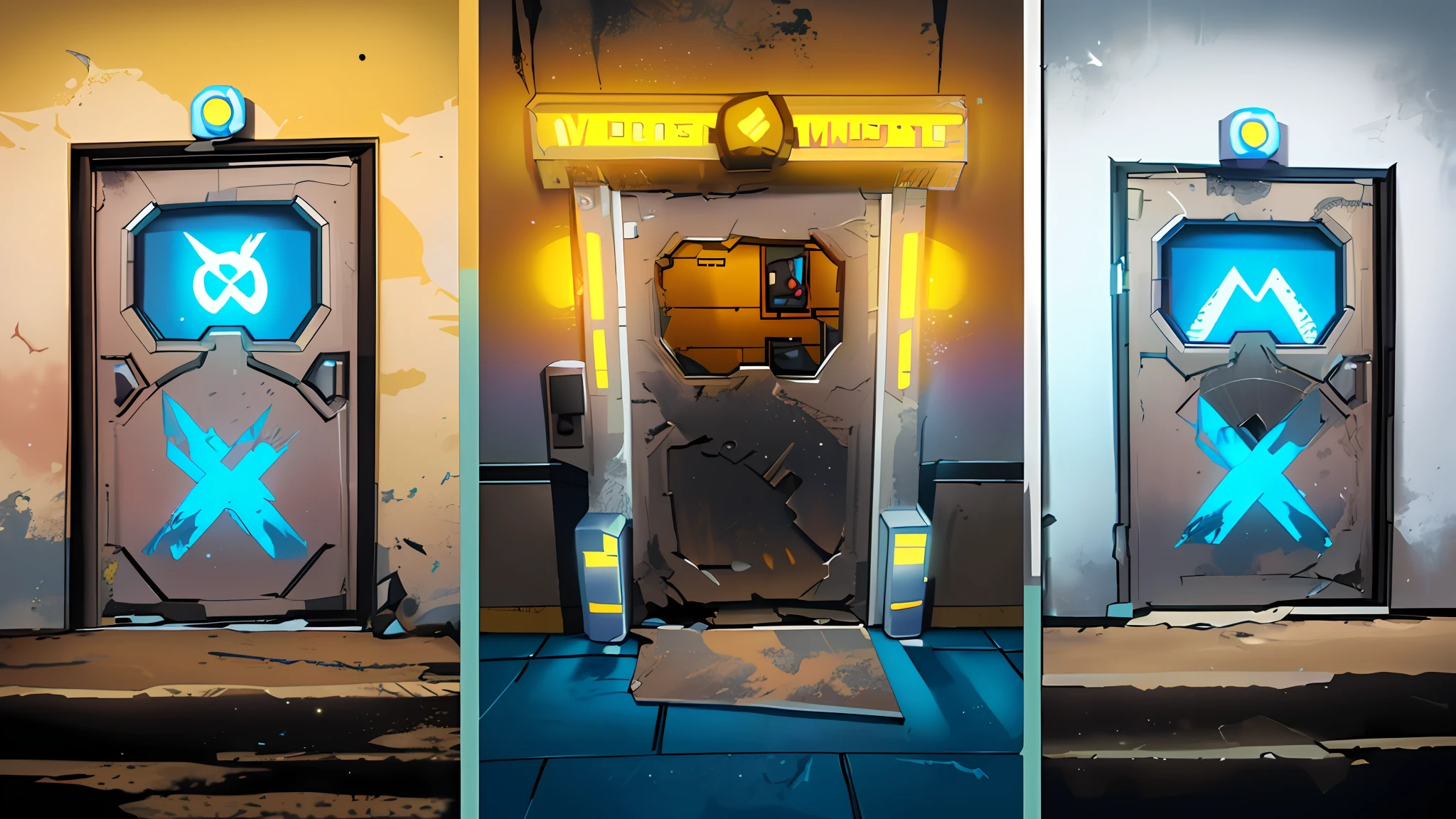 three different colored doors with a yellow light on each of them, doors that are cosmic portals, portals, overwatch building, portal 3, doors to various living quarters, borderlands 3 style, 3 doors, borderlands style, set in cyberpunk bank vault, ingame image, aperture science test chamber, style of borderlands, dev textures, overwatch design, metal framed portal
