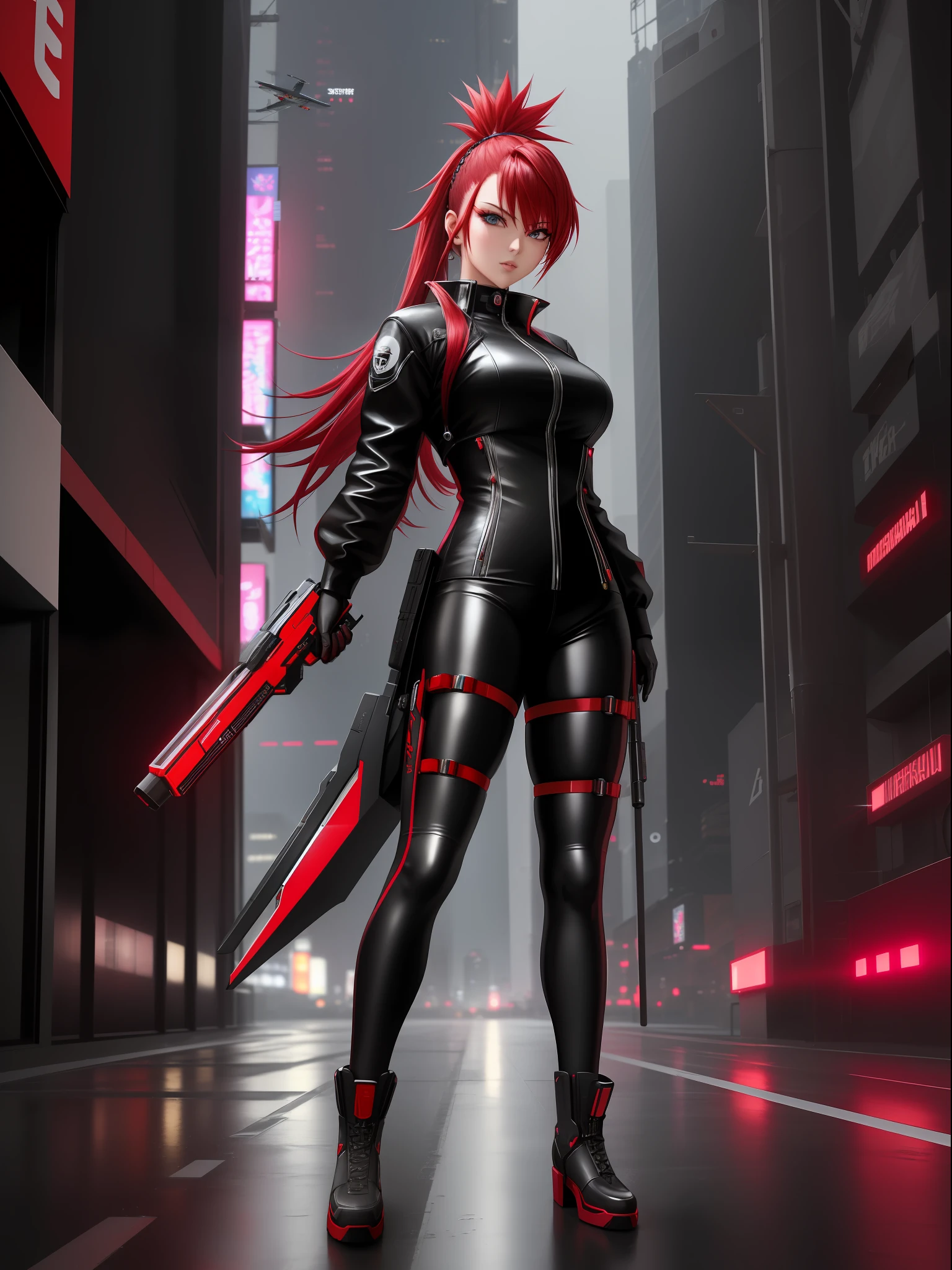 (full body photo:1.59), (A Kawaii Woman:1.5), (wearing cyberpunk red metal+ultra realistic metal outfit:1.5), (she's in a futuristic city with lots of flying cars+at night+raining hard:1.5), (she has roza mohawk hair:1.3), (she's got blue eyes:1.3), (she's holding futuristic weapons+sorting+staring at the viewer+striking sexy poses for the viewer:1.5),  Hyperrealism, 16k, best quality, high details, UHD