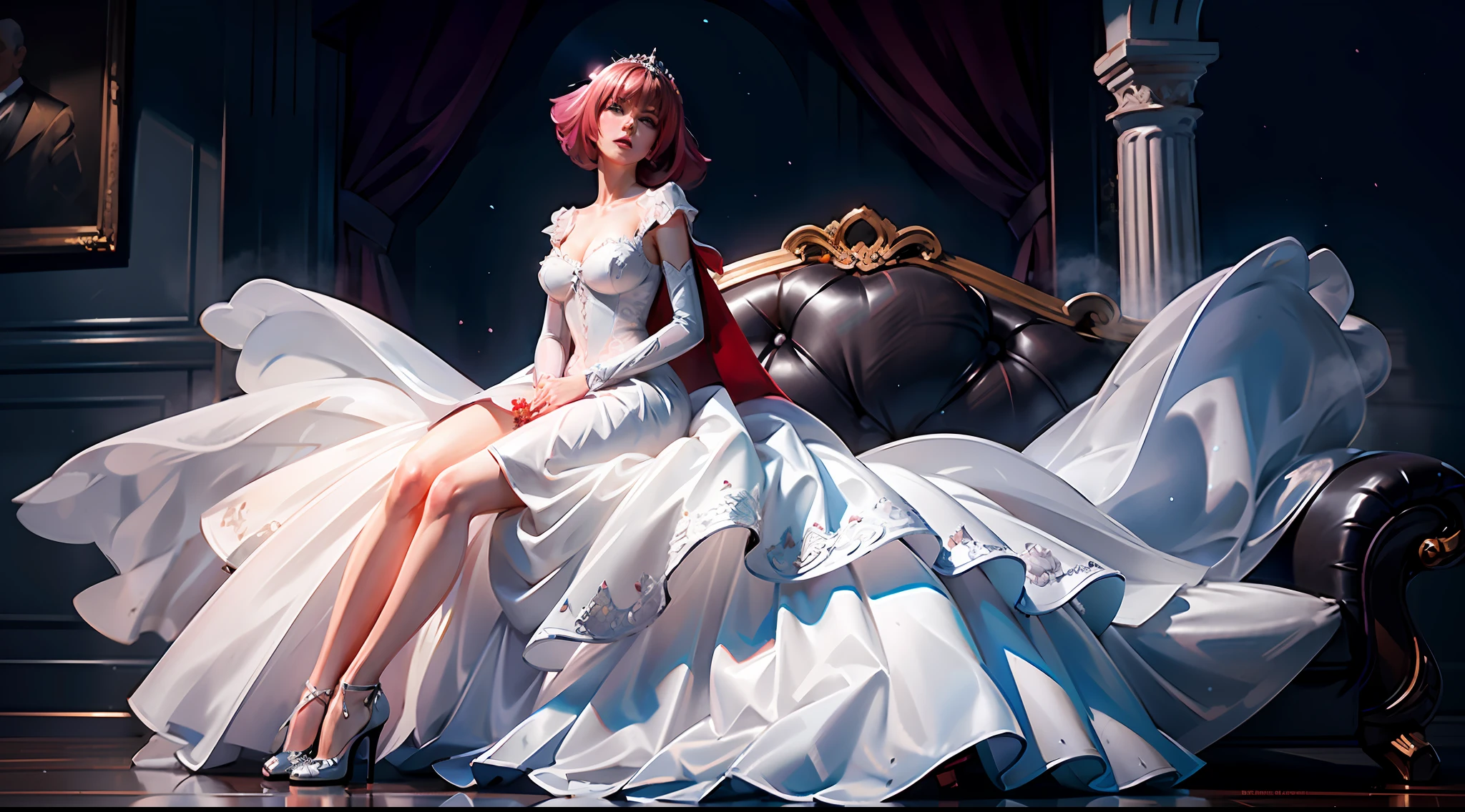 (Best Quality), (Masterpiece), (Hyperdetail: 1.2), (Realistic: 1.2), (High resolution), (Front: 1.3), Denim Lens, Full Photo, (From Below: 1.2), 1 Girl, Solo, Mature Woman, White Wedding Dress, Fluffy Skirt, White Dress, Hands on Waist Lifted Legs, Black High Heels, Black Stockings, Harman Kahn, (Corners: 1.1), Head Down, Expressionless, Rose Background, Villa, White Wedding Dress, Fluffy Skirt, Bright Theme, 1girl, elegant, masterpiece, intricate, realistic, best quality, interior, luxury villa, high facial details, perfect eyes, mature woman, female journalist, illustration, bright colors, hands on chest, hands dragging chest, big breasts, white silk wedding dress, fluffy skirt, black high heels, black stockings, upturned legs, sitting on sofa, black stockings, black high heels, white silk wedding dress, fluffy skirt, dress, realistic facial details, realism, 3D face, single