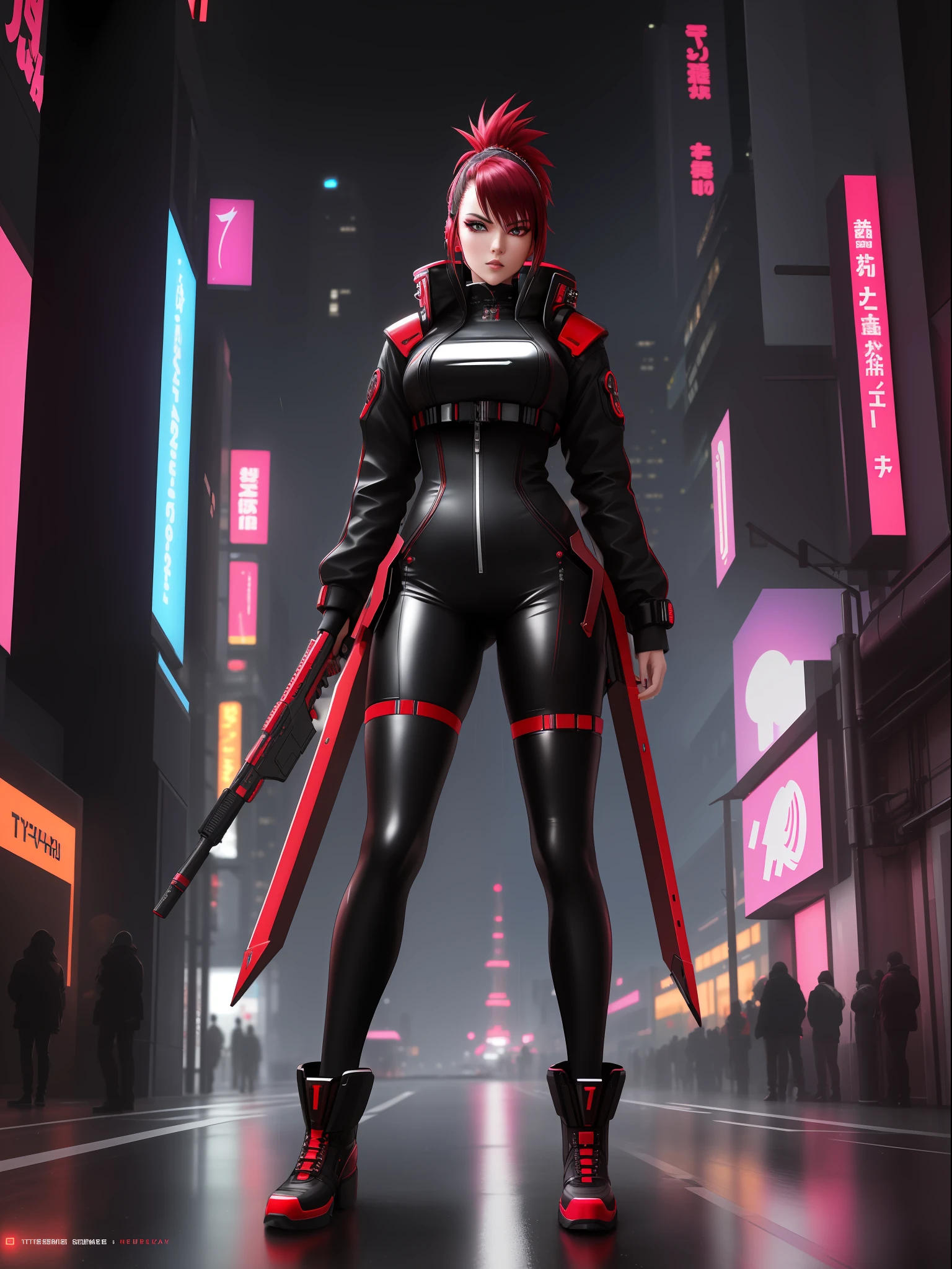 (full body photo:1.59), (A Kawaii Woman:1.5), (wearing cyberpunk red metal+ultra realistic metal outfit:1.5), (she's in a futuristic city with lots of flying cars+at night+raining hard:1.5), (she has roza mohawk hair:1.3), (she's got blue eyes:1.3), (she's holding futuristic weapons+sorting+staring at the viewer+striking sexy poses for the viewer:1.5), Hyperrealism, 16k, best quality, high details, UHD