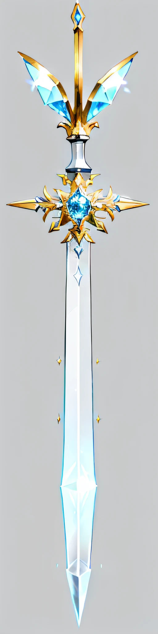 a close up of a sword with a blue center and gold accents, crystal column, glass obelisk of the void, buster sword, master sword, shinning sword, sword design, obelisk, raytraced blade, giant sword, large sword, huge sword, sci-fi sword, glass obelisks, big sword, fantasy sword, silver sword