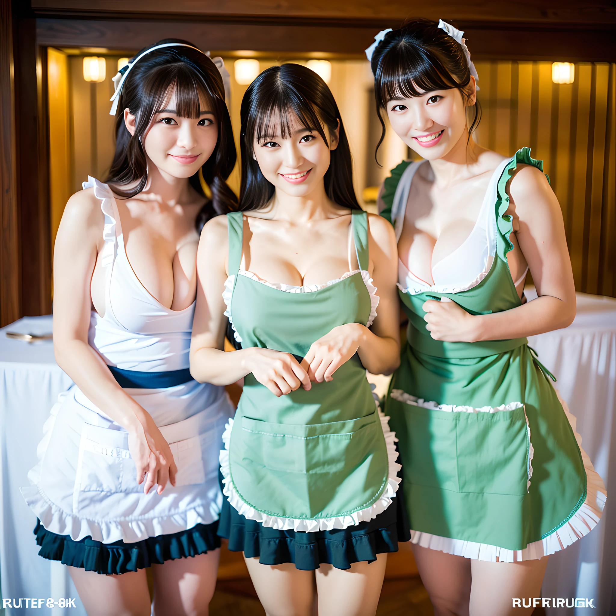 ((Best quality, 8k, Masterpiece :1.3)),  Sharp focus :1.2, (2girls:1.3), (pretty Japanese women with perfect figure :1.2), (Huge breasts:1.3), (only wearing ruffled apron, thong :1.3), black hair, bangs, smile, daytime, bright restaurant, Highly detailed face and skin texture, Detailed eyes, Double eyelid,