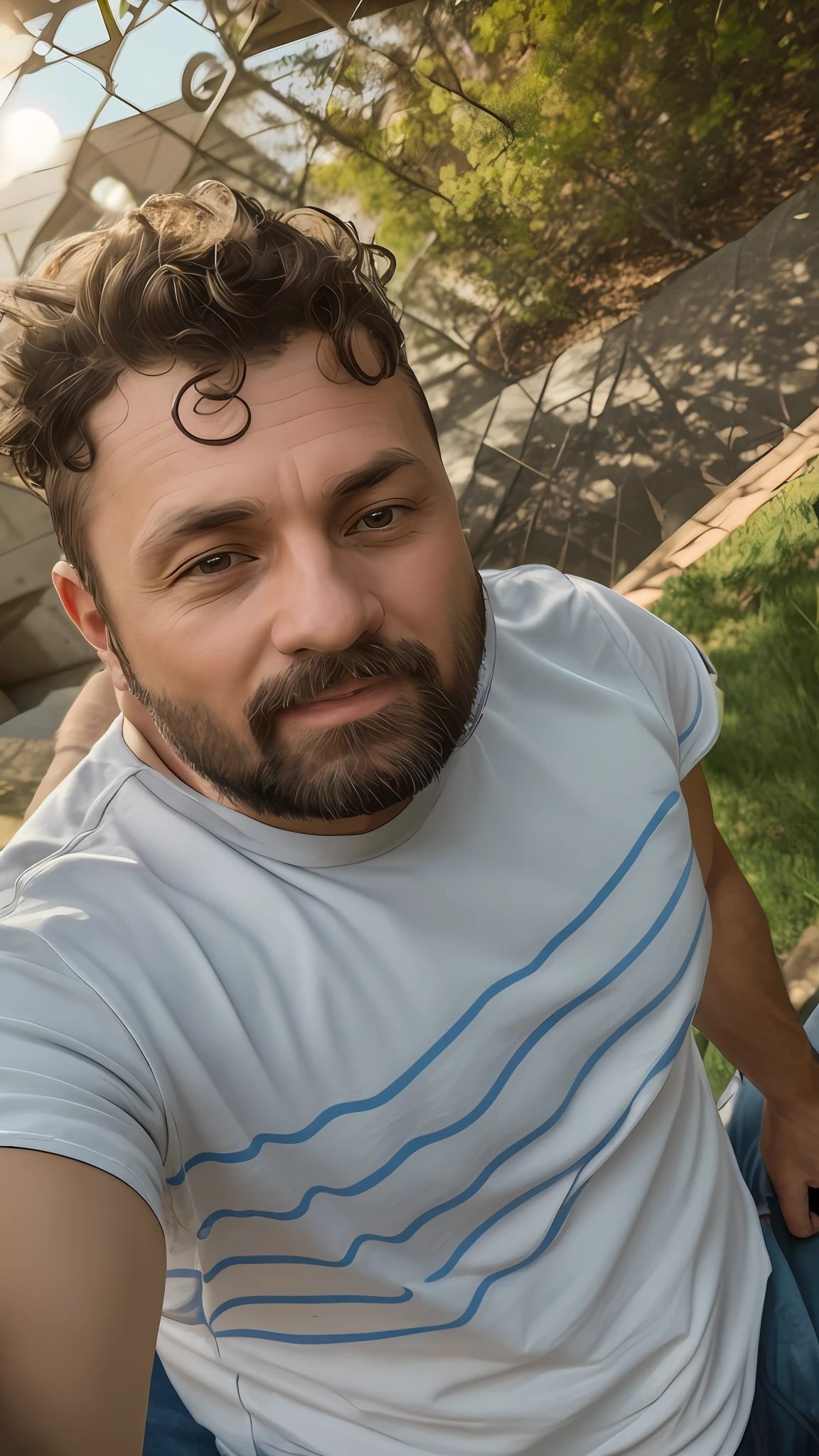 there is a man sitting on a bench with a doughnut in his hand, 8k selfie photography, 4 0 year old man, about 3 , 3 2 years old selfie photo, very low quality image, no helmet, 38 years old, 2 7 years old, 3 2 - yea, GTA San Andreas style.