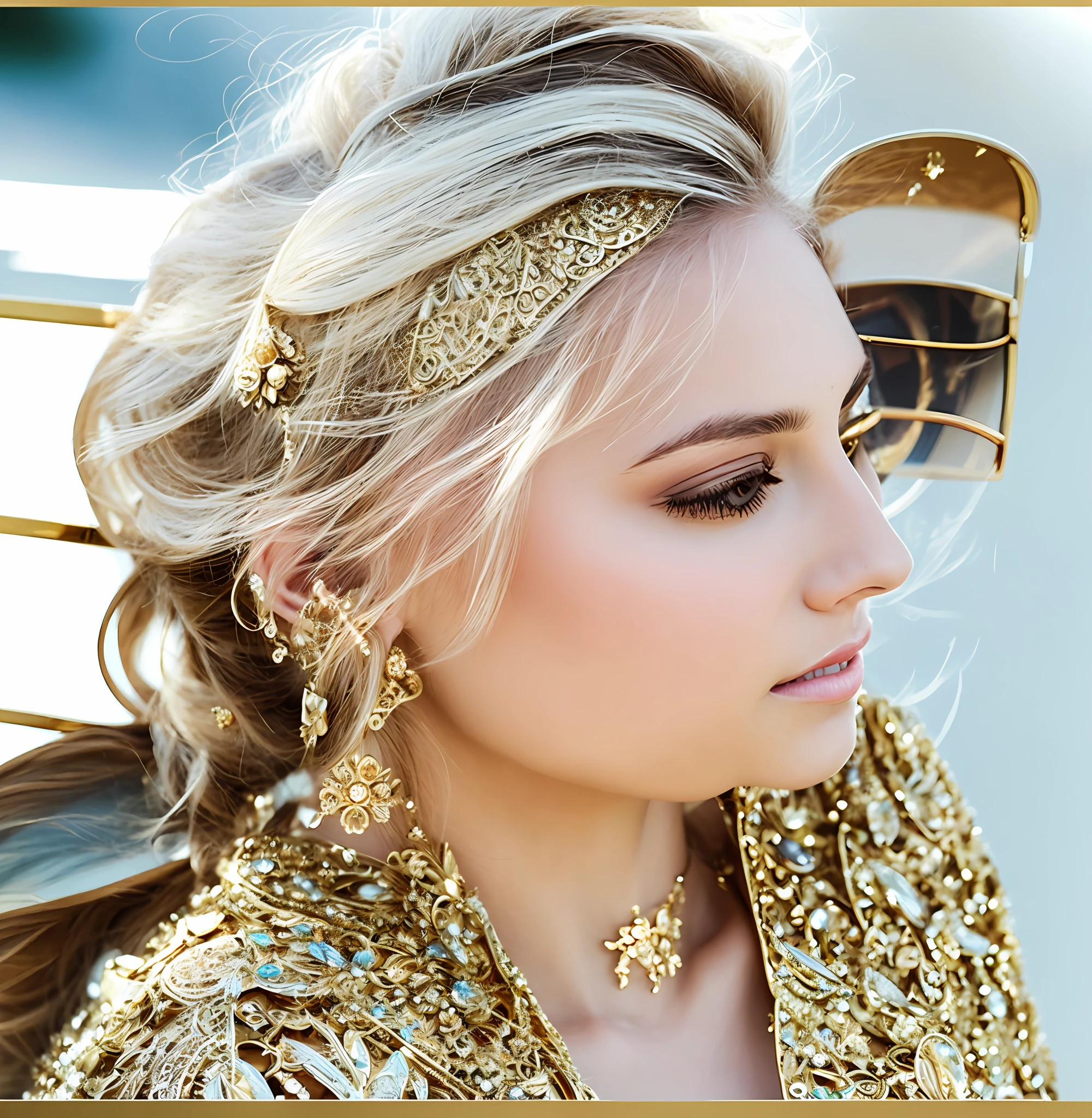Beautiful and sunglasses, golden adornments