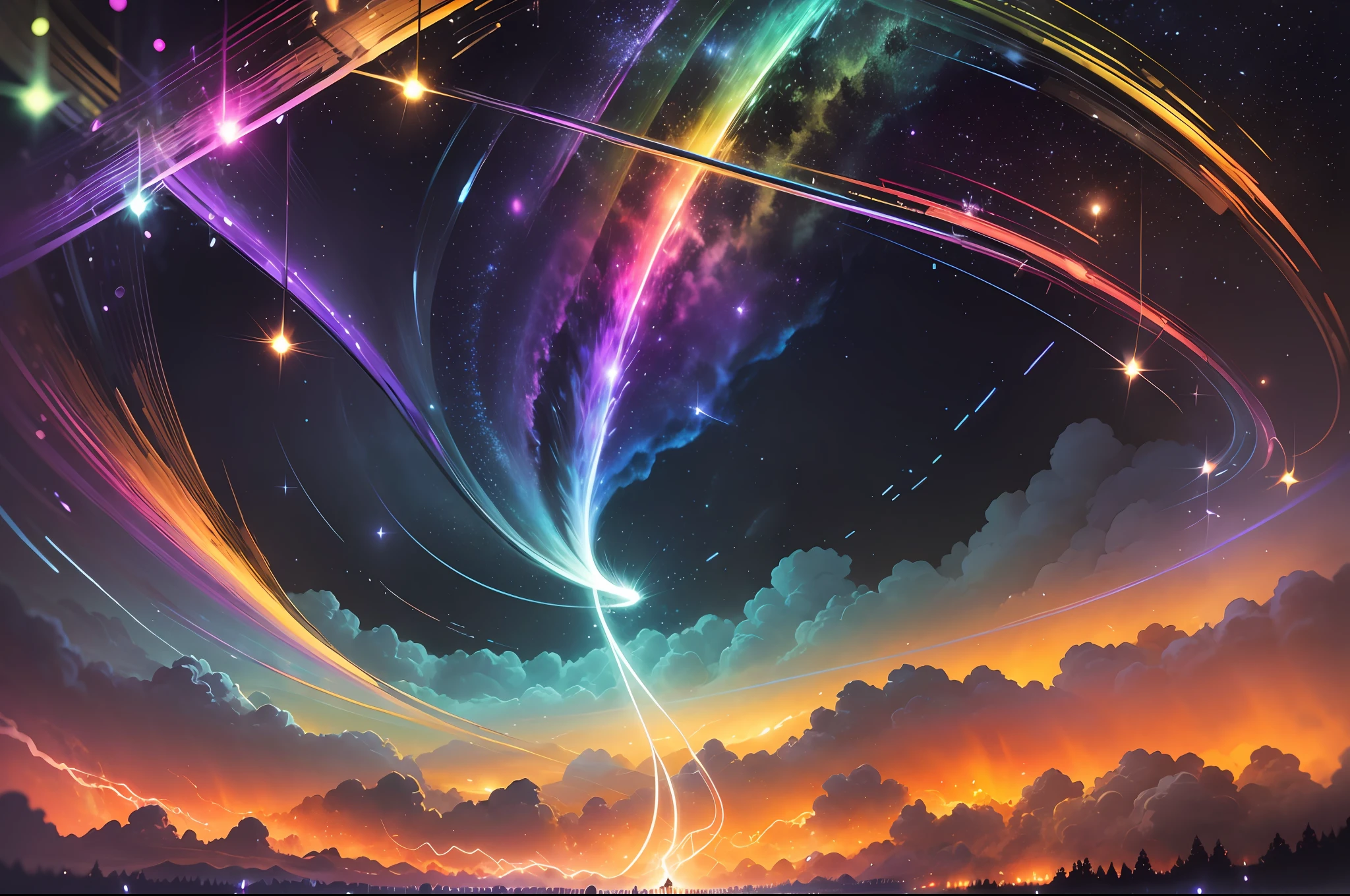 A night painting of an abstract ethereal semi - transparent tornado among fireflies rainbow light impressive skies --auto --s2