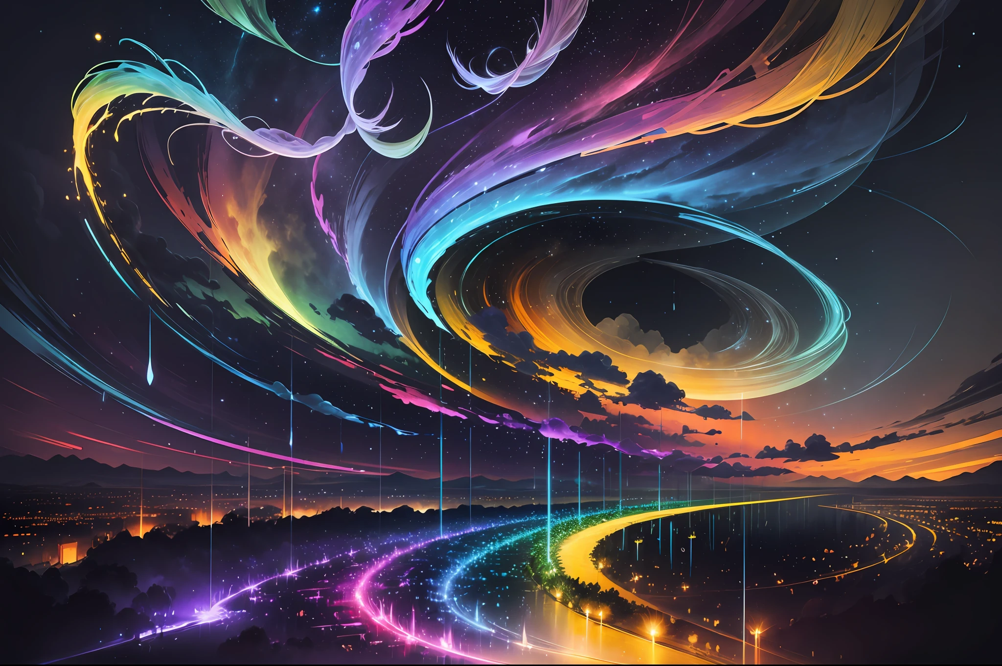A night painting of an abstract ethereal semi - transparent tornado among fireflies rainbow light impressive skies --auto --s2