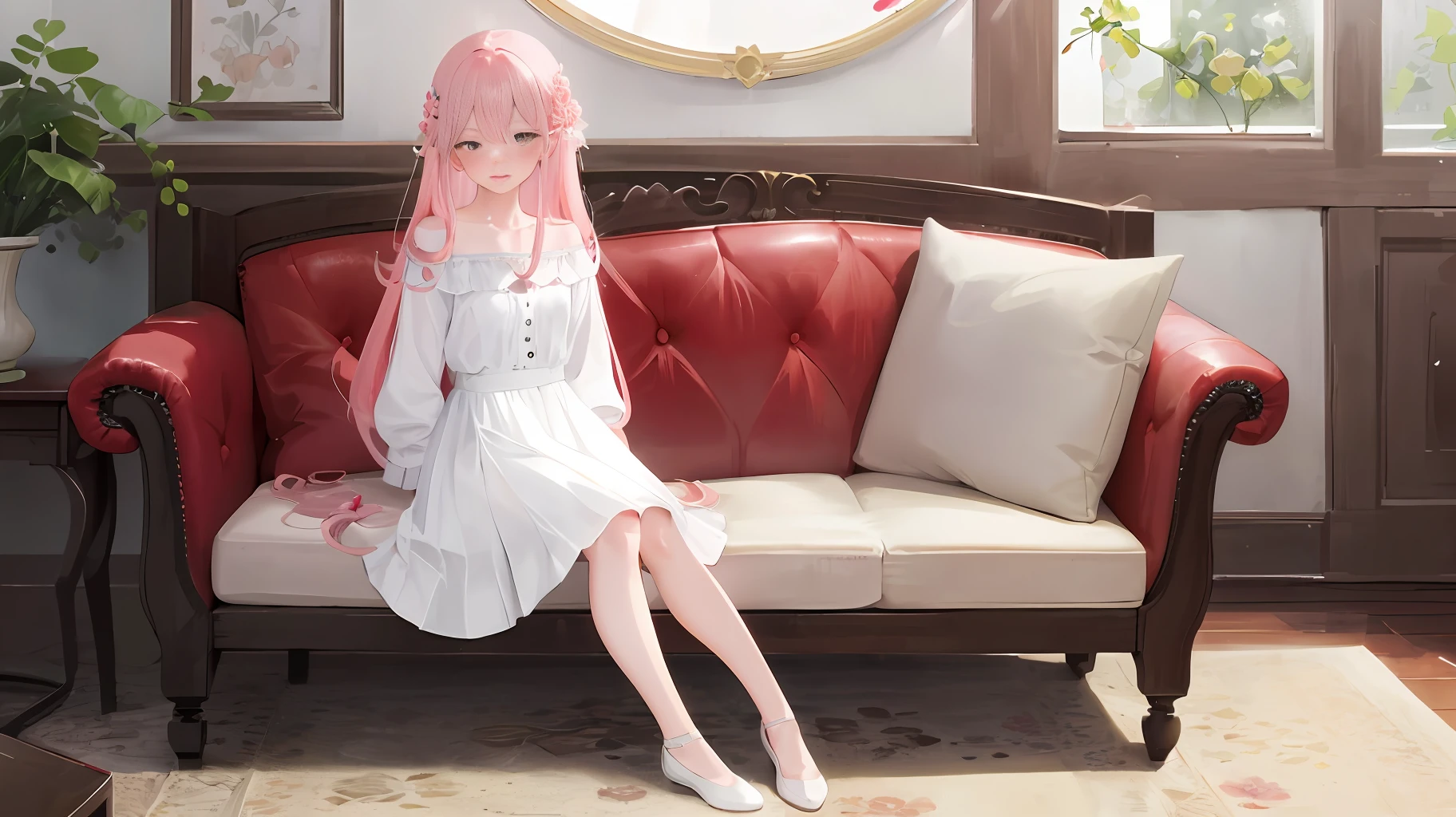 ((Best Quality)), (Masterpiece: 1.2), (Delicate Beautiful Girl), Illustration, 1 Girl, Pink Hair, White Shirt, Skirt, Luxurious Room, Sofa, Red Wine, Blush