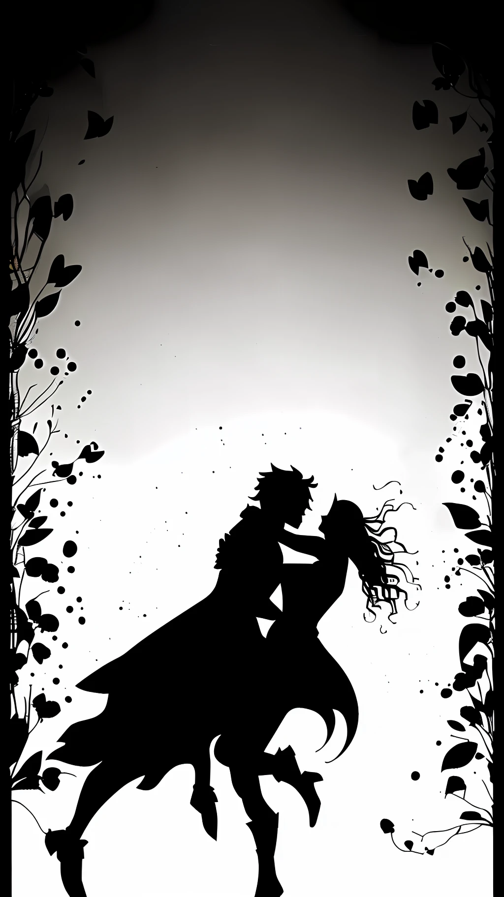 The cover illustration of Chapter 5: "The Fire of Passion" features a unique artistic depiction, with the silhouettes of Helena and Dark Blade emerging as black shadows. This artistic approach intensifies the mysterious and passionate atmosphere of the scene.

In the center of the image, the silhouettes of Helena and Dark Blade are depicted in a passionate embrace, completely black as shadows. Their shapes are outlined with smooth, fluid strokes, allowing the imagination to fill in the details.

The lighting of the scene is soft and subtle, highlighting the outline of the silhouettes and the intensity of the passion that surrounds them. The nearby fire casts a faint light that creates subtle shades of shadow and light on the figures.

The surrounding scenery can be represented in a minimalist way, with elements simplified to emphasize the figure of the silhouettes. It can be an abstract landscape, with few details, suggesting the idea of a quiet and secluded environment.

The predominant color palette is composed of dark tones, with the predominance of black and subtle shades of gray. These colors accentuate the contrast and drama of the image, reinforcing the sense of mystery and passion.

The cover illustration of Chapter 5, with the silhouettes of Helena and Dark Blade as black shadows, creates an intense and enigmatic atmosphere, symbolizing the fire of passion that consumes them. This unique artistic approach adds an element of mystery and intrigue, inviting the reader to immerse themselves in the fiery encounter between these characters.