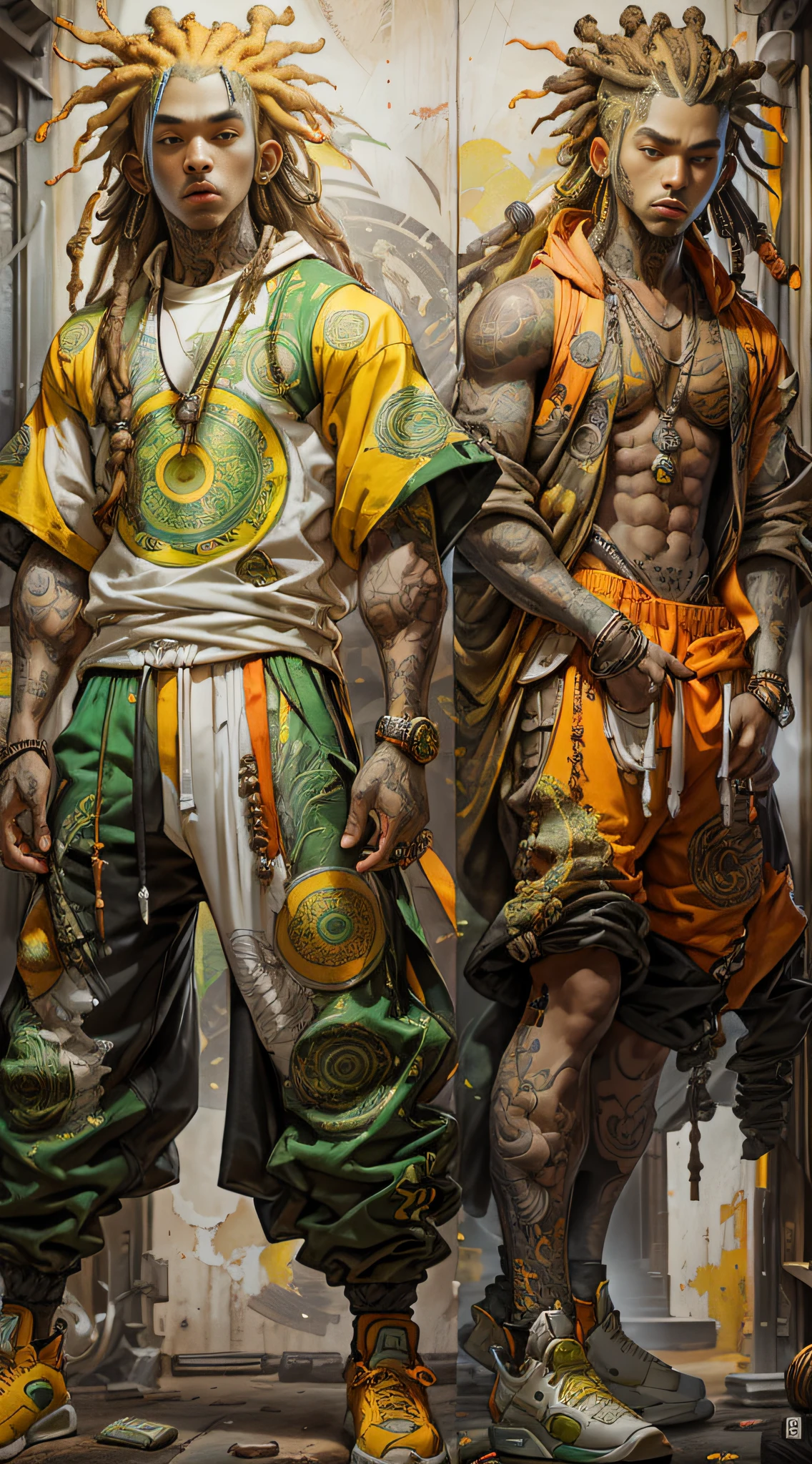 green:1.5, orange:1.1, white:1.3, yellow:1.3, (rapper with dread hair),tattoos, (power puffer clothes:1.2),abstract lines and circles background
