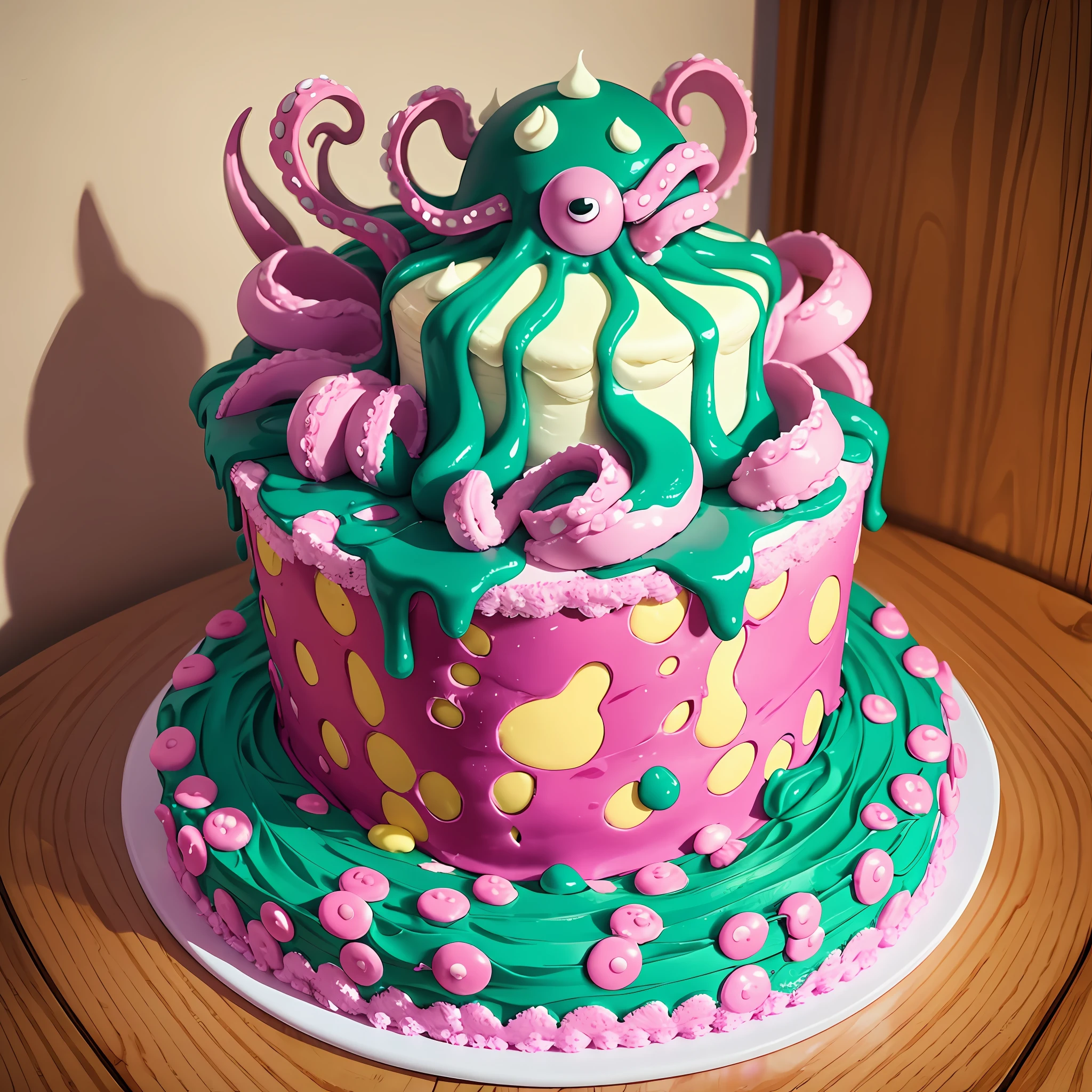 A sugar monster that looks like a giant octopus, with thick tentacles of sugar paste. His head is made of cake and he has marble-shaped eyes covered in colored sugar. --auto --s2