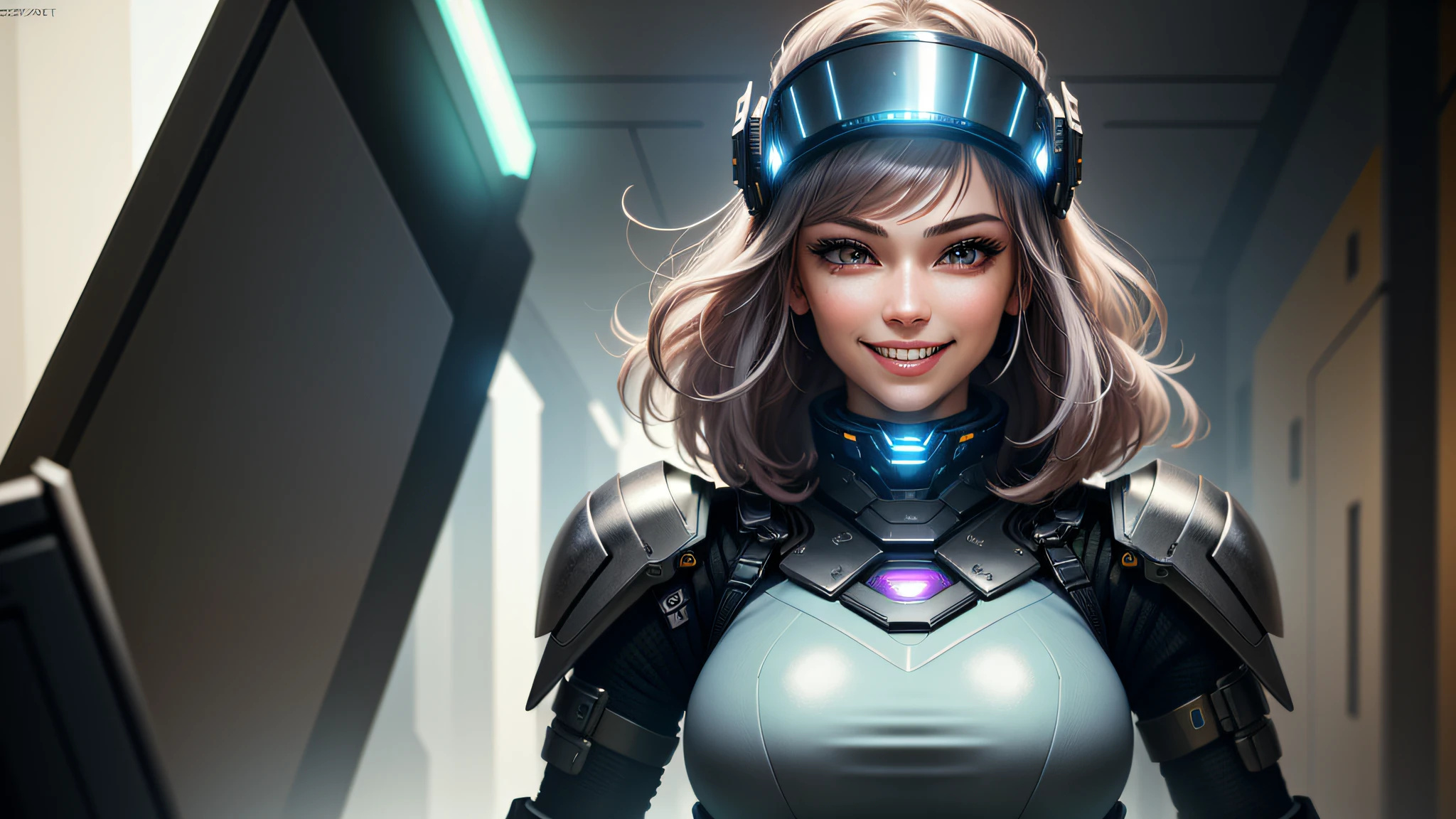 Sexy, feminine, young, (((BIG SMILE)))), cyber punk armor, visor, sharp focus, sharp eye focus, (64k), (Masterpiece), (ABSURDRES) (Best Quality), sci-fi, extremely detailed, intricate, hyper detailed, illustration, soft lighting, (specular lighting: 1.4), absurdly,