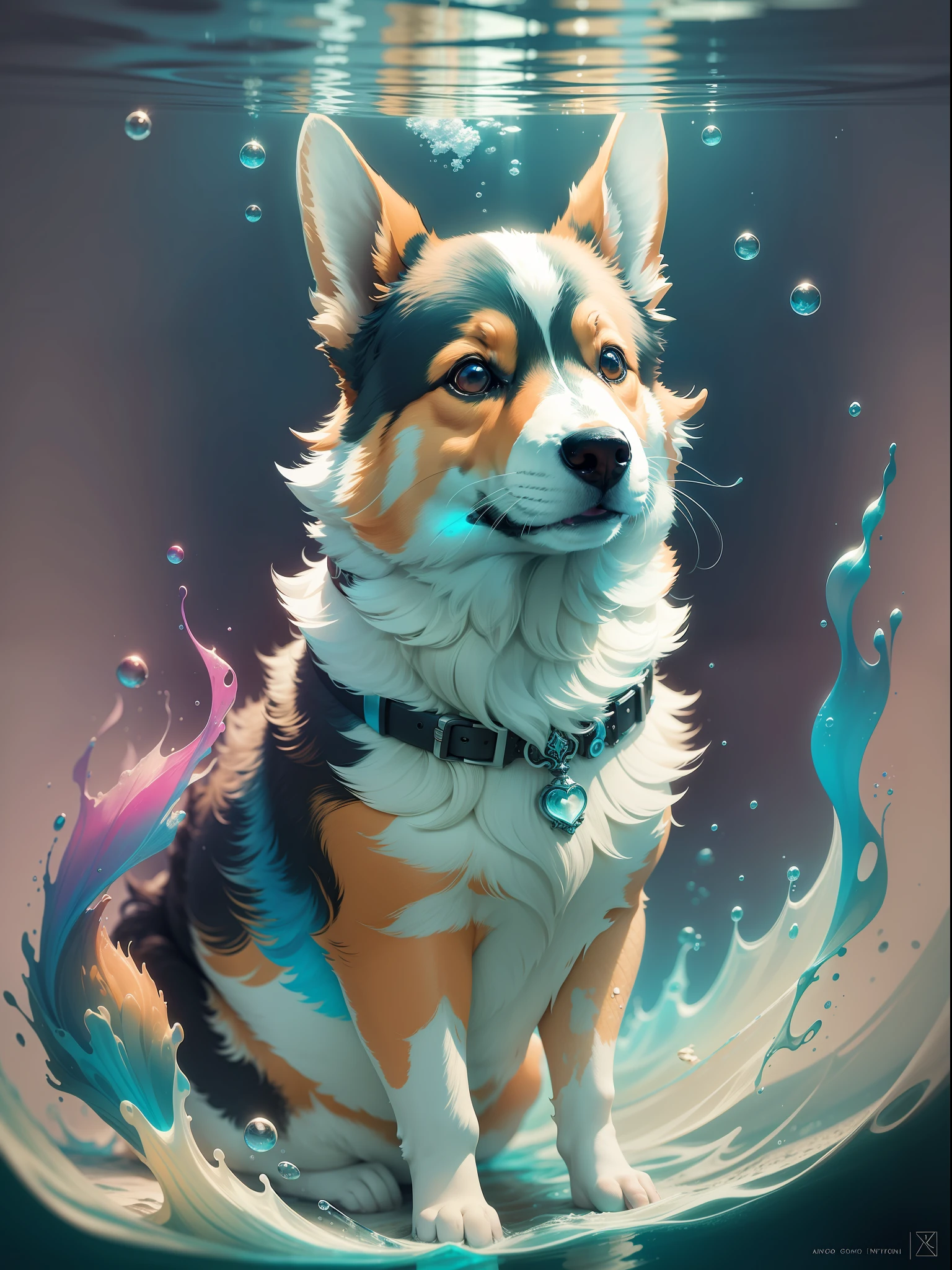 colorful underwater ink art of a corgi, Romantic lighting, award-winning underwater ink art by Alberto Seveso