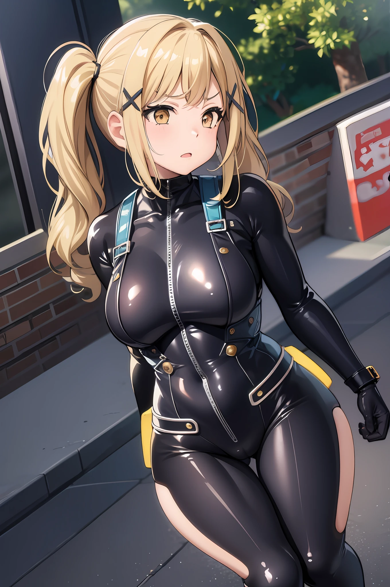 1girl, Arisa ichigaya, x hair ornament, blonde twintails, (full bodysuit), sexy body, erotic pose, walking, pov, thighs, crotch