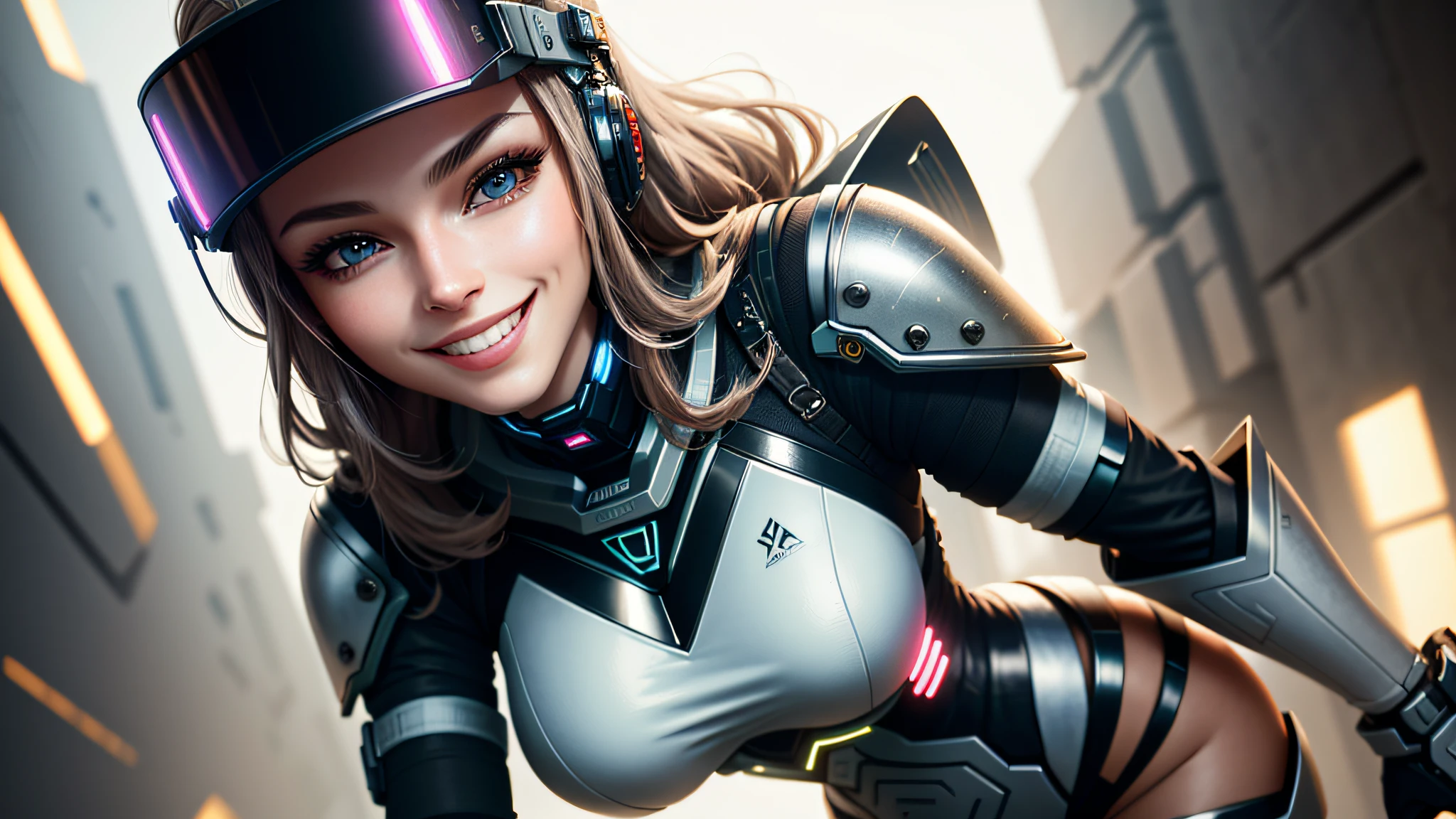 Sexy, feminine, young, (((BIG SMILE)))), cyber punk armor, visor, sharp focus, sharp eye focus, (64k), (Masterpiece), (ABSURDRES) (Best Quality), sci-fi, extremely detailed, intricate, hyper detailed, illustration, soft lighting, (specular lighting: 1.4), absurdly,