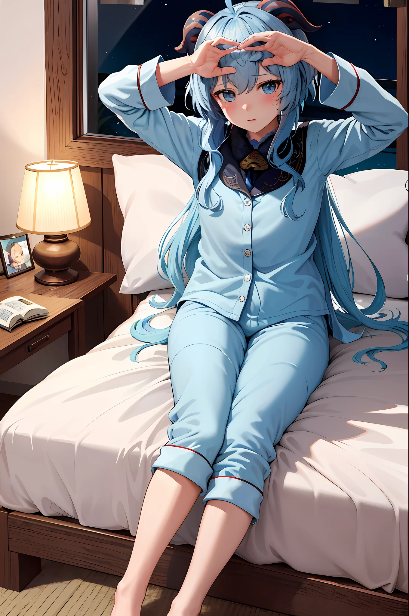 (Masterpiece, Best Quality, High Quality, Highres:1.5), Detailed, Extremely Detailed, Ambient Soft Lighting, 4K, (Extremely Detailed Eyes:1.5),

(ganyu \(genshin impact\):1.5), 1girl, solo, blue hair, blush, shy, full body, (bedroom:1.2), (wariza:1.5), (pov hands:1.5), (headpat:1.5), (night:1.5), can't be this cute, (blue pajamas:1.2), from above, spoken heart,