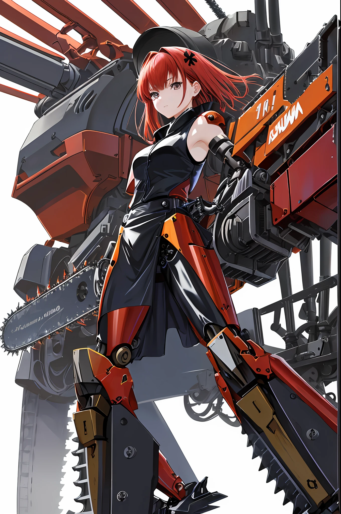 Absurdity, High Resolution, Ultra Detail, Masterpiece, Cel Shading, (Bold Outline): 1.2, Flat Color, Sharp Shadows, Graphic Style, Manga Effects, Clean Line Art,
((Mechanical limbs)), (Pretty girl)), (: 1.3), 10 yore cute face): 1.2, (Full body: 1.5), Bob hair, Red hair color, Side slit long skirt, tank top,
((super huge cool chainsaw, super huge cool weapon machine, mech, mechanism, machine)), open stance, action pose,
white background, simple background, wide shot,