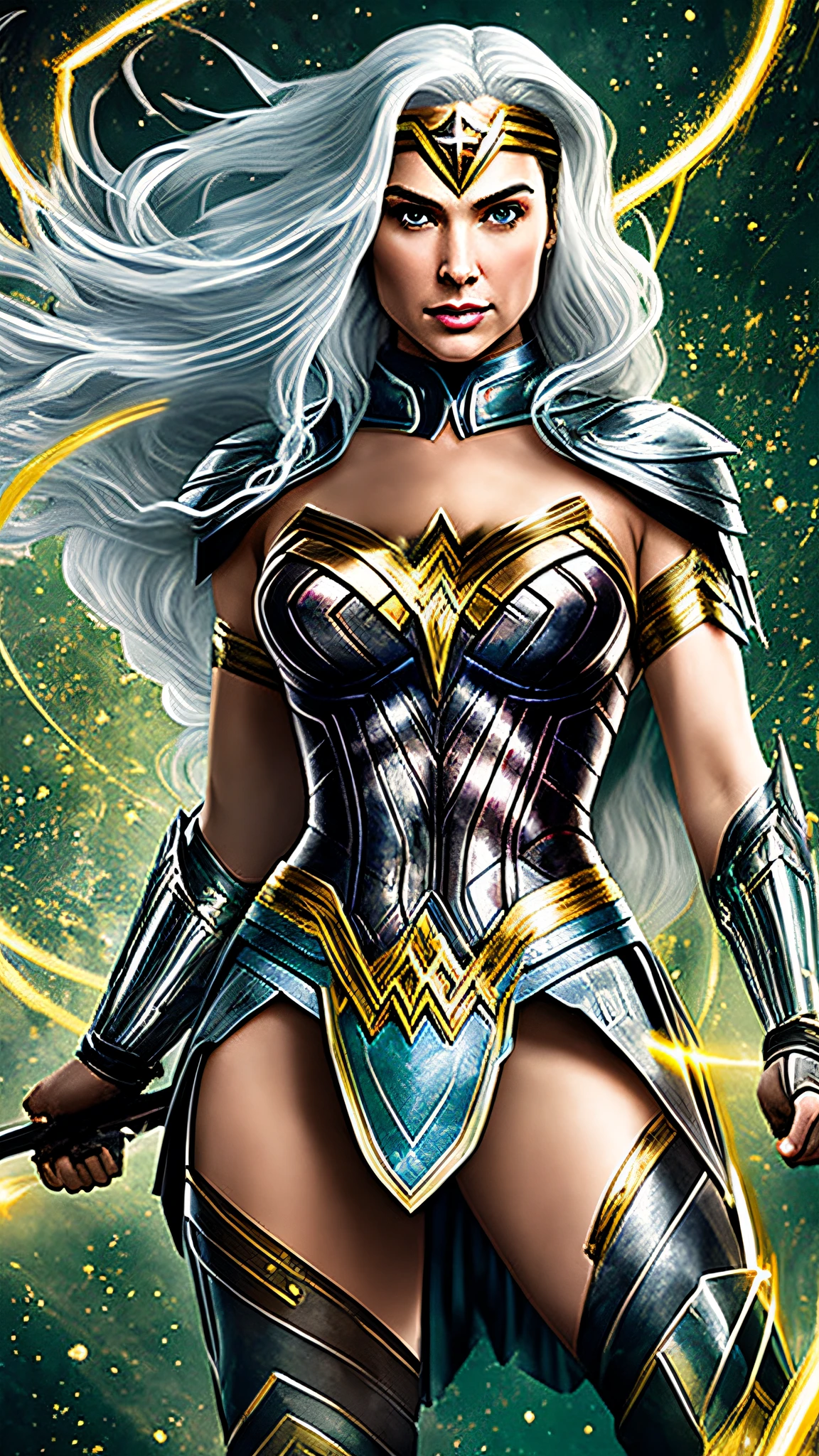 Wonder woman with green pupils, long bluish white hair, a confident expression, wearing beautiful silver armor with gold patterns all over the armor, exuding dark yellow glow, in the background a medieval castle
