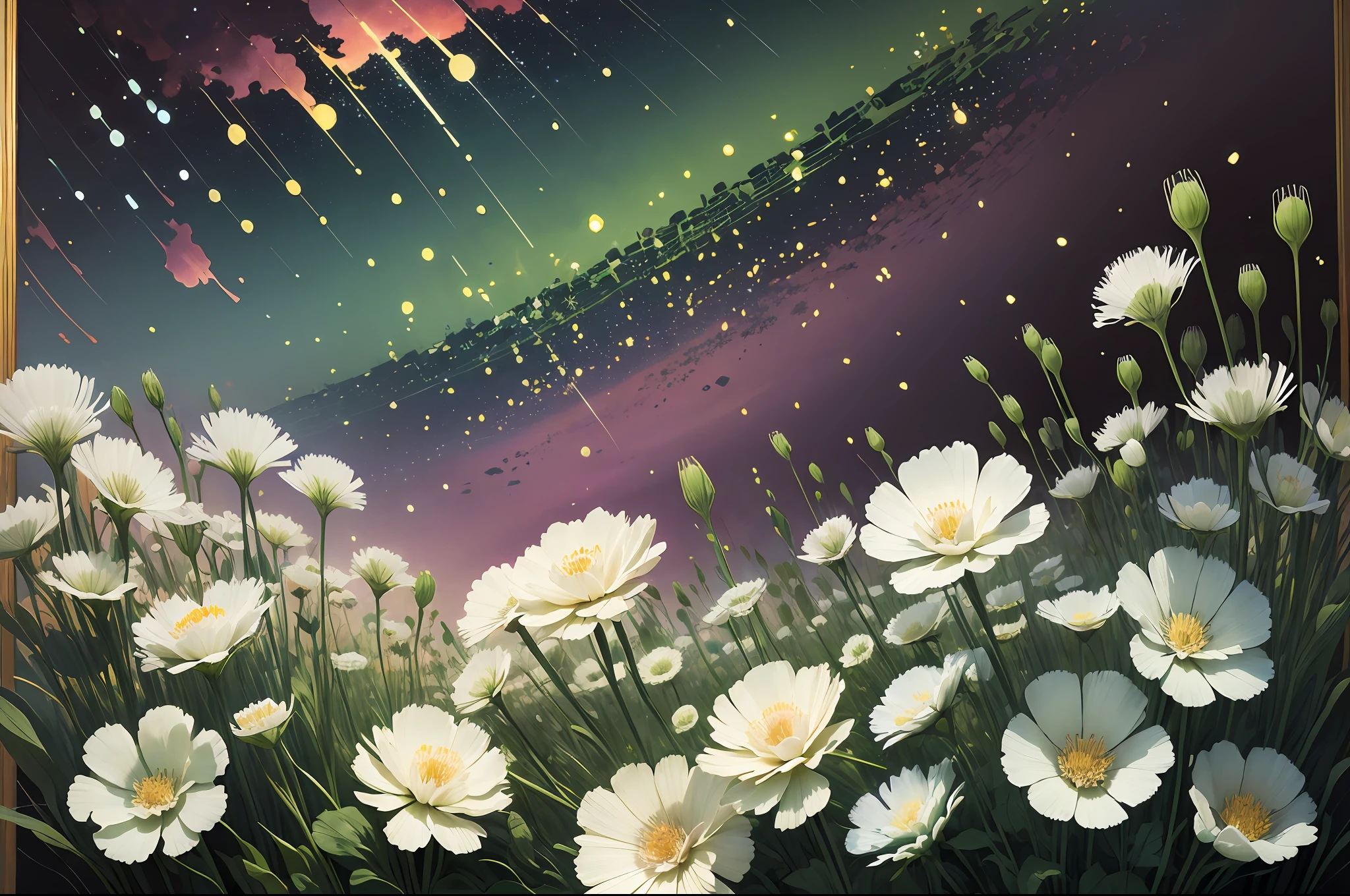 A night painting of an abstract ethereal semi - transparent irridecent green carnations in the style of Jane Crowther, rainbow lighting impressive skies --auto --s2