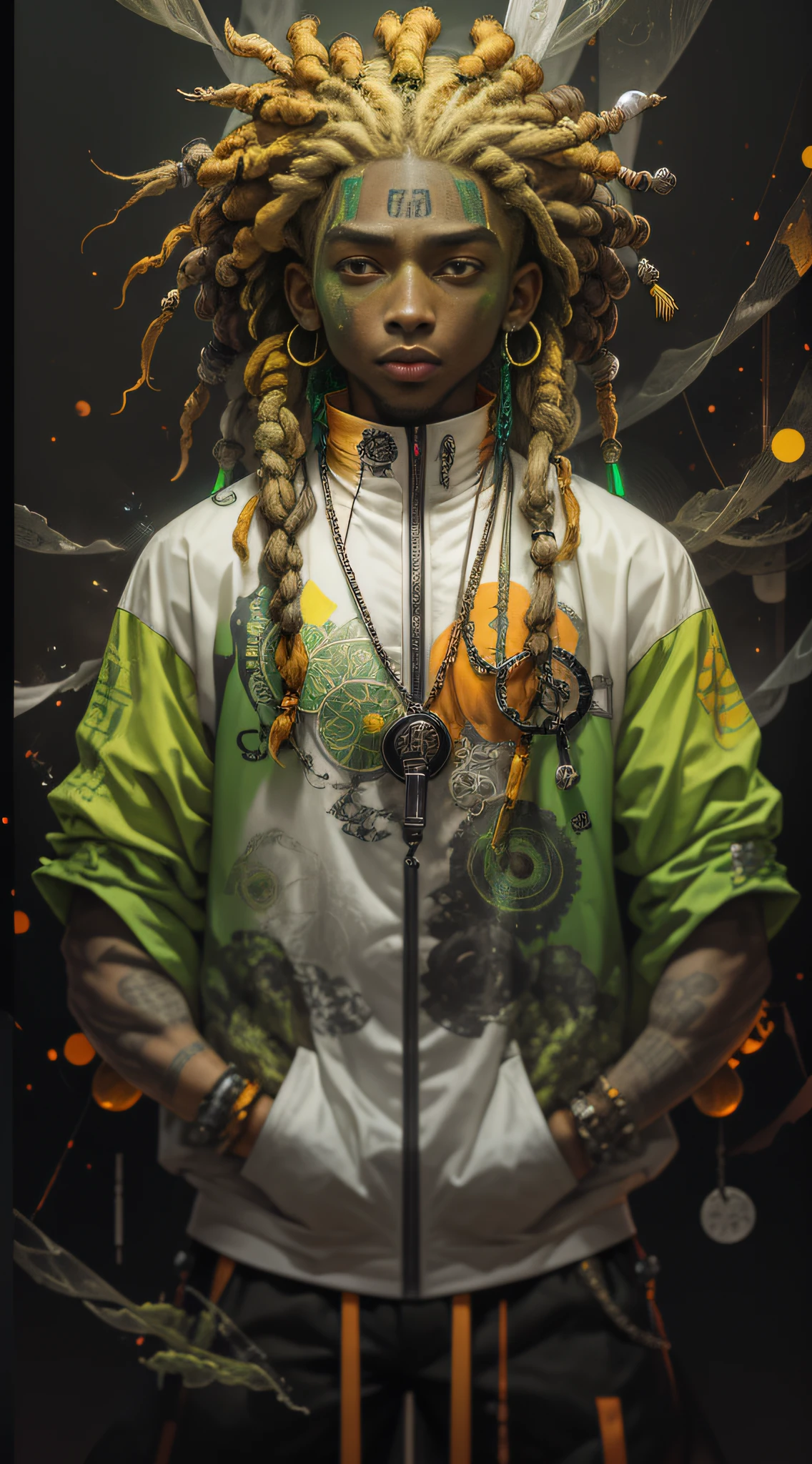 green:1.5, orange:1.1, white:1.3, yellow:1.3, (rapper with dread hair),tattoos, (power puffer clothes:1.2),abstract lines and circles background