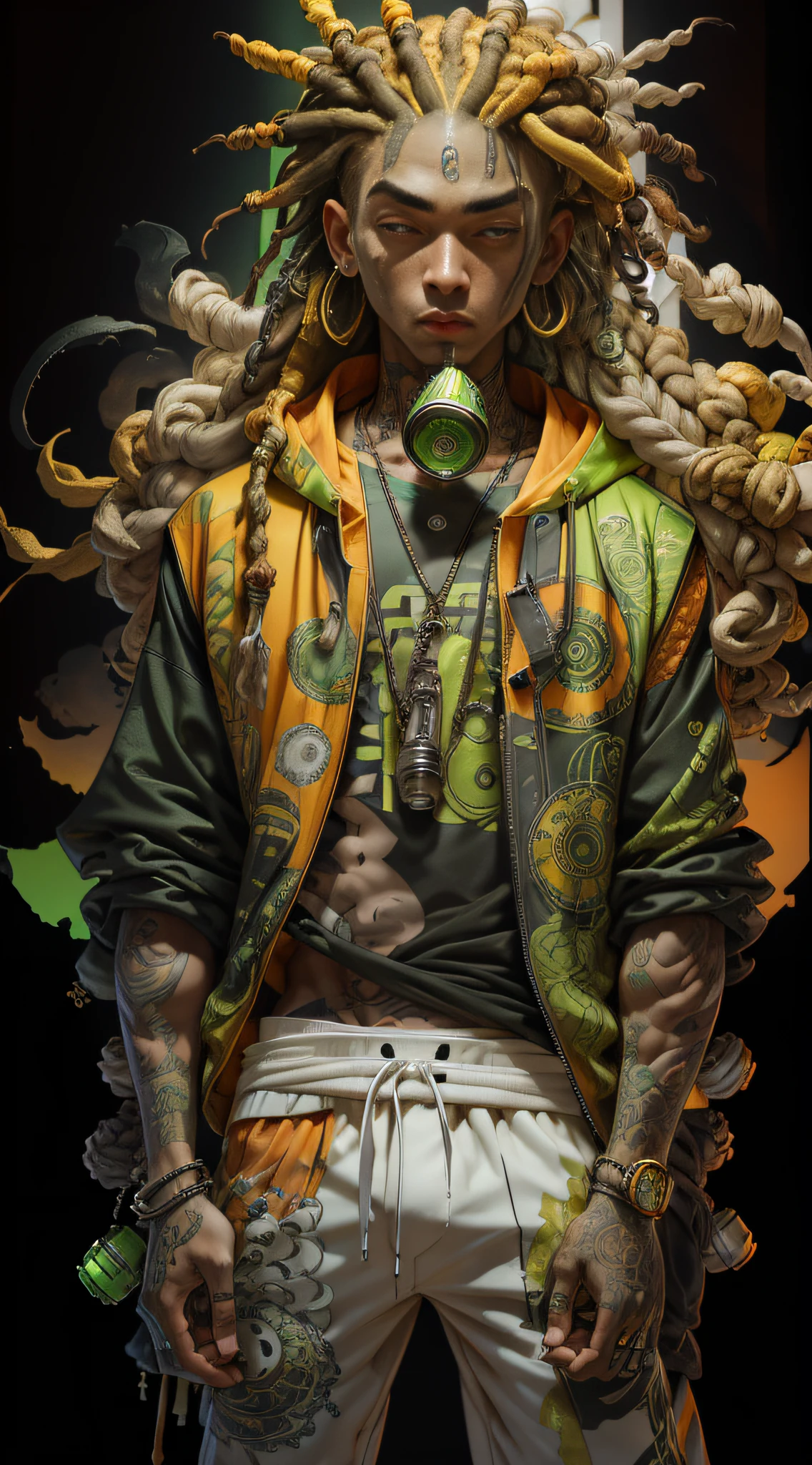 green:1.5, orange:1.1, white:1.3, yellow:1.3, (rapper with dread hair),tattoos, (power puffer clothes:1.2),abstract lines and circles background