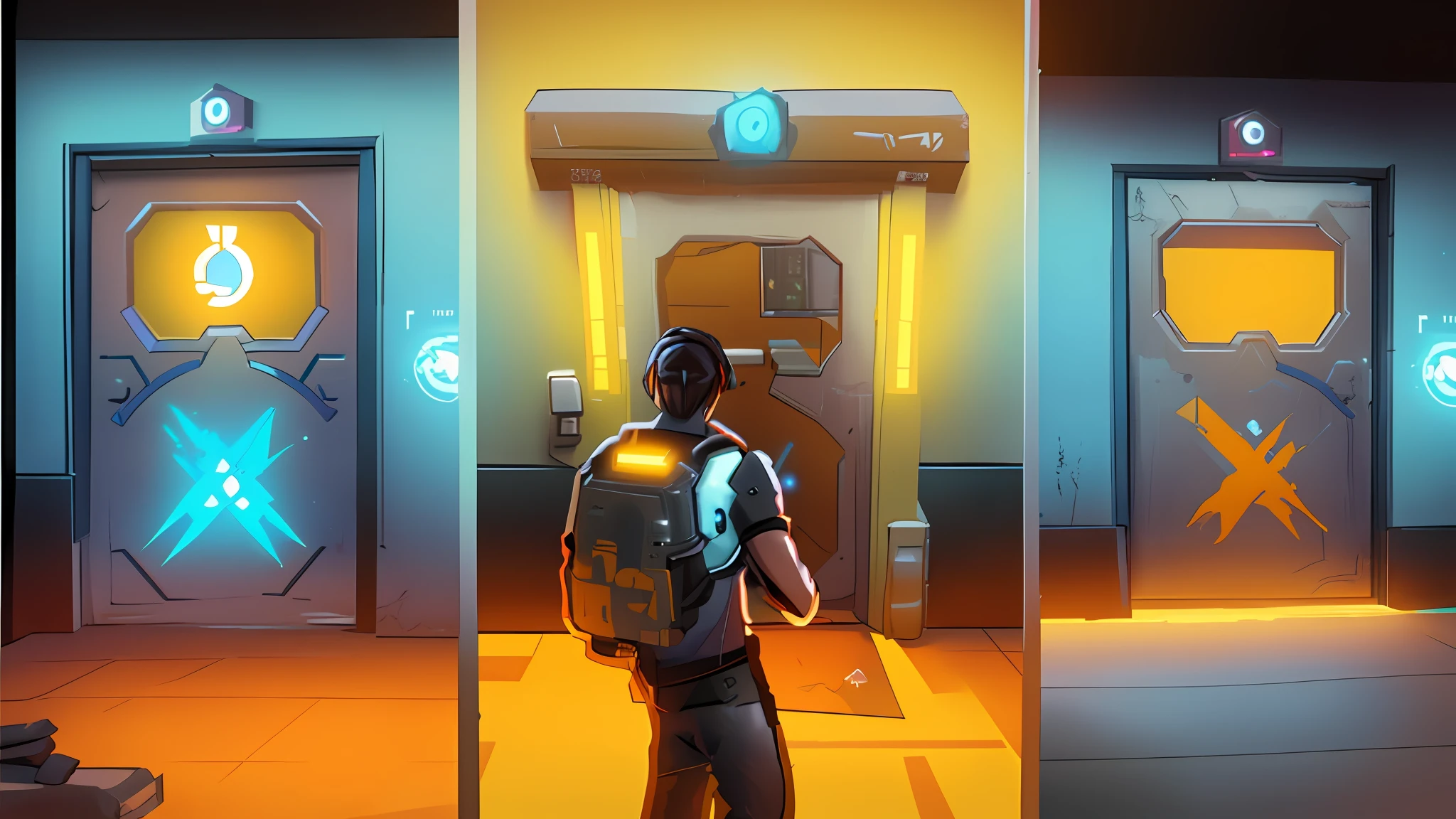 three different colored doors with a yellow light on each of them, doors that are cosmic portals, portals, overwatch building, portal 3, doors to various living quarters, borderlands 3 style, 3 doors, borderlands style, set in cyberpunk bank vault, ingame image, aperture science test chamber, style of borderlands, dev textures, overwatch design, metal framed portal