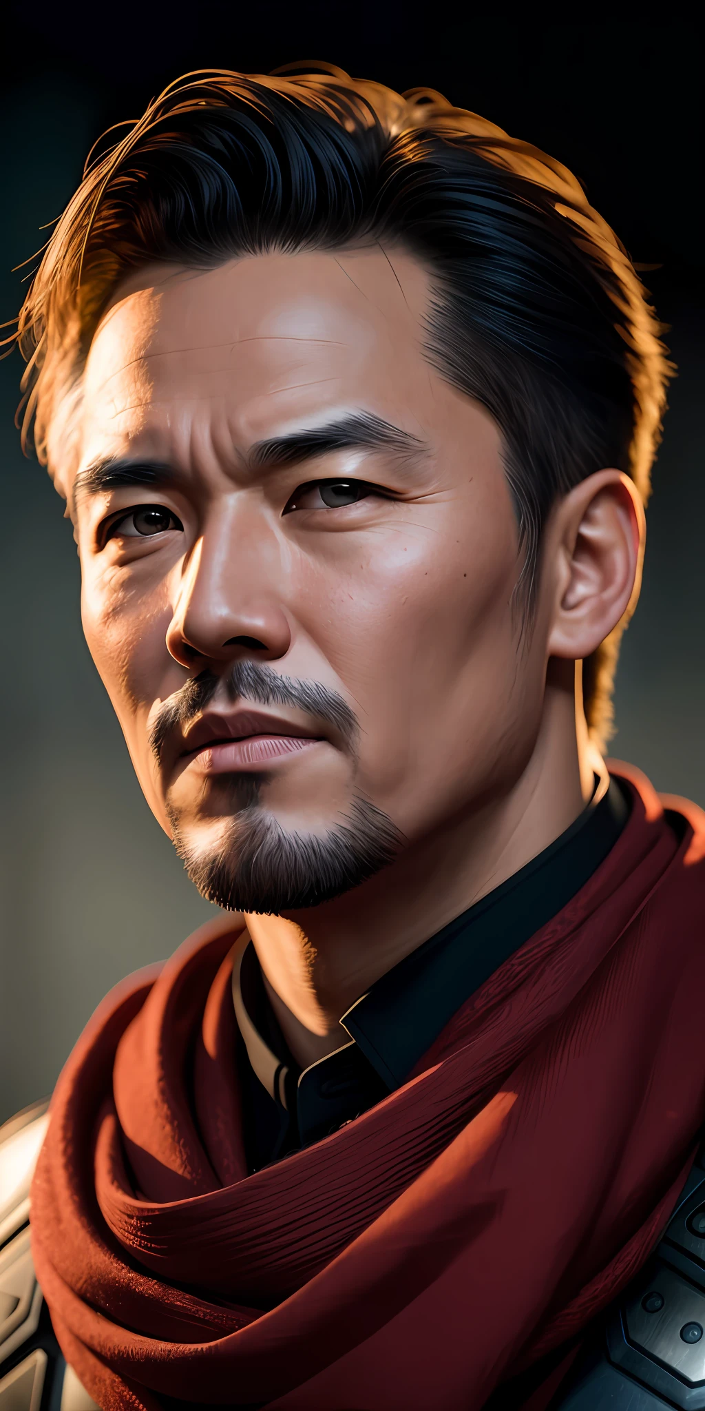 chinese man, brown eyes, red scarf, front, black case, realistic, photograph, masterpiece, realistic, realism, photo realism, high contrast, realistic digital art trends in artstation 8k hd hd hd detail, detailed, skin texture, super detailed, realistic skin texture, armor, best quality, super high resolution, (realistic: 1.4), high resolution, detailed, raw photo, sharp re, lee jerfries nikon d850 film stock photography 4 Kodak Camera Porter 400 Lens F1.6 Rich Colors Ultra Realistic Textures Realistic Dramatic Lighting Unrealistic Engine Looking at Artstation Cinestill 800,