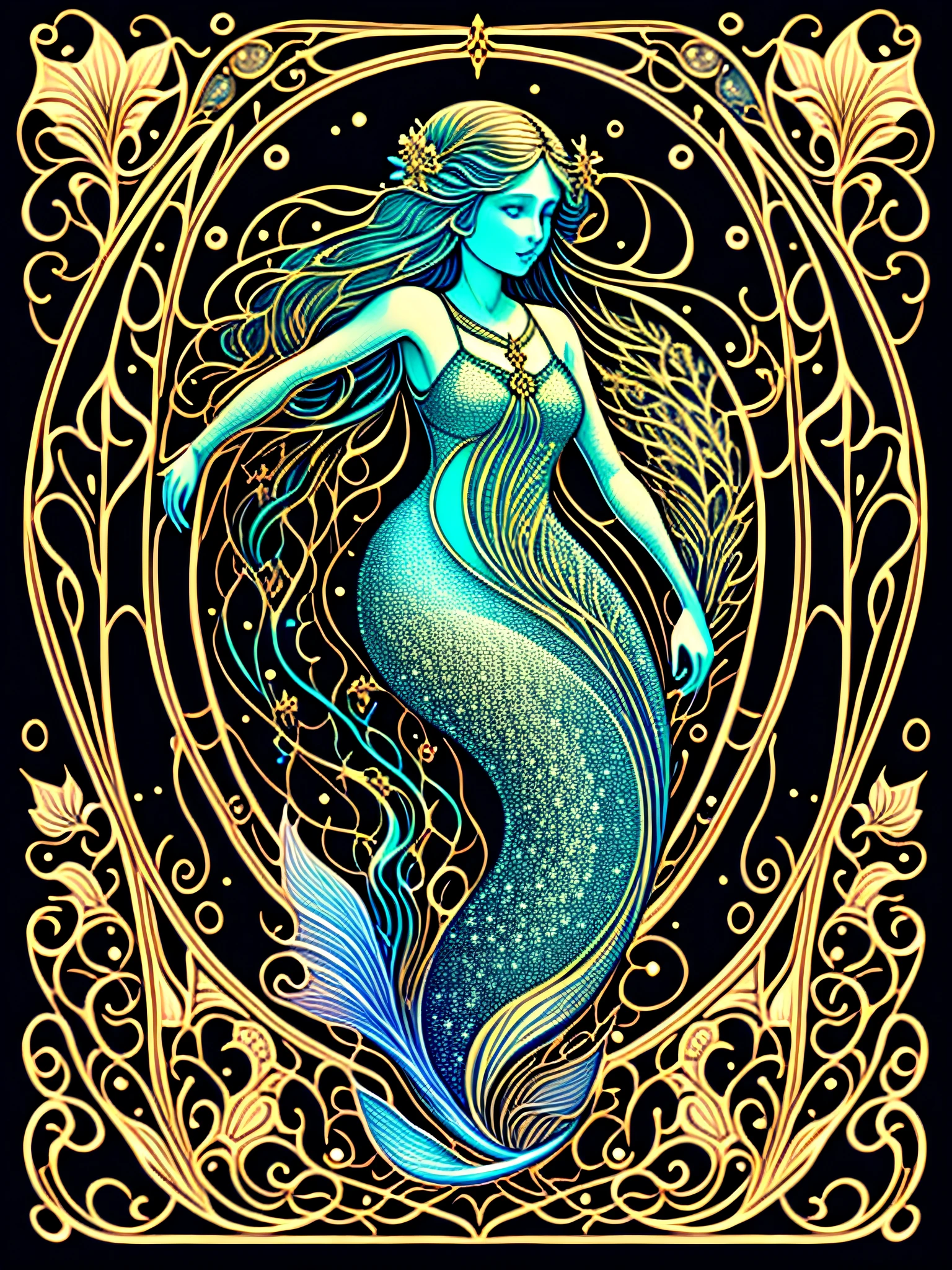 Mermaid, colored Art Nouveau design on black background, breathtaking rendering, in a sparkling connection, inspired by Kinuko Y. craft, casting magical elements, beautiful, multi-colorful spells, bright flash, flash