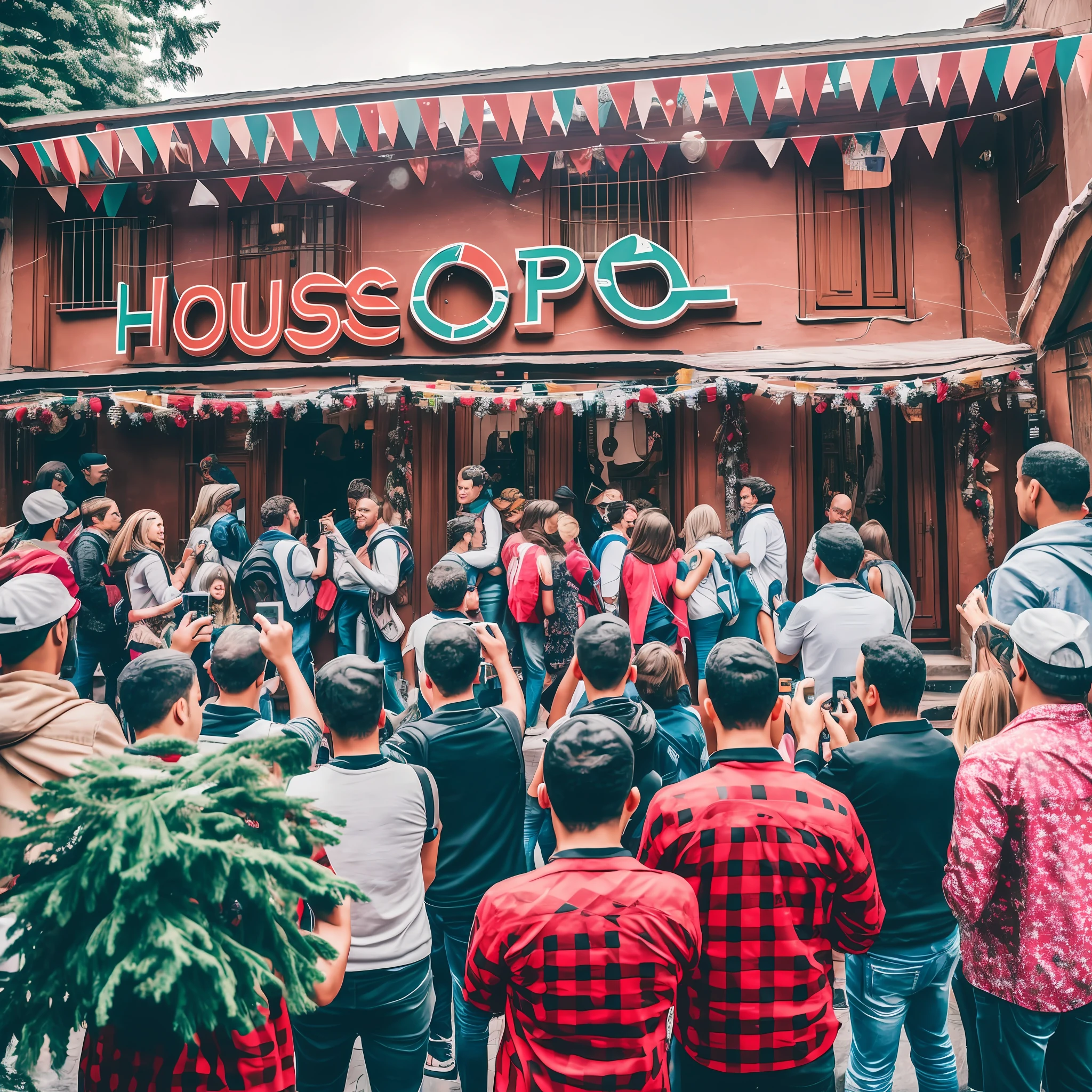 A person taking a picture of a party house with the façade written "House Play" with several people in line wanting to enter the house and anxious, each with a type of cigarette and drink, all lively and happy, festive atmosphere with several other houses and restaurants on the side, and a large façade on one side written "House Play" --auto --s2