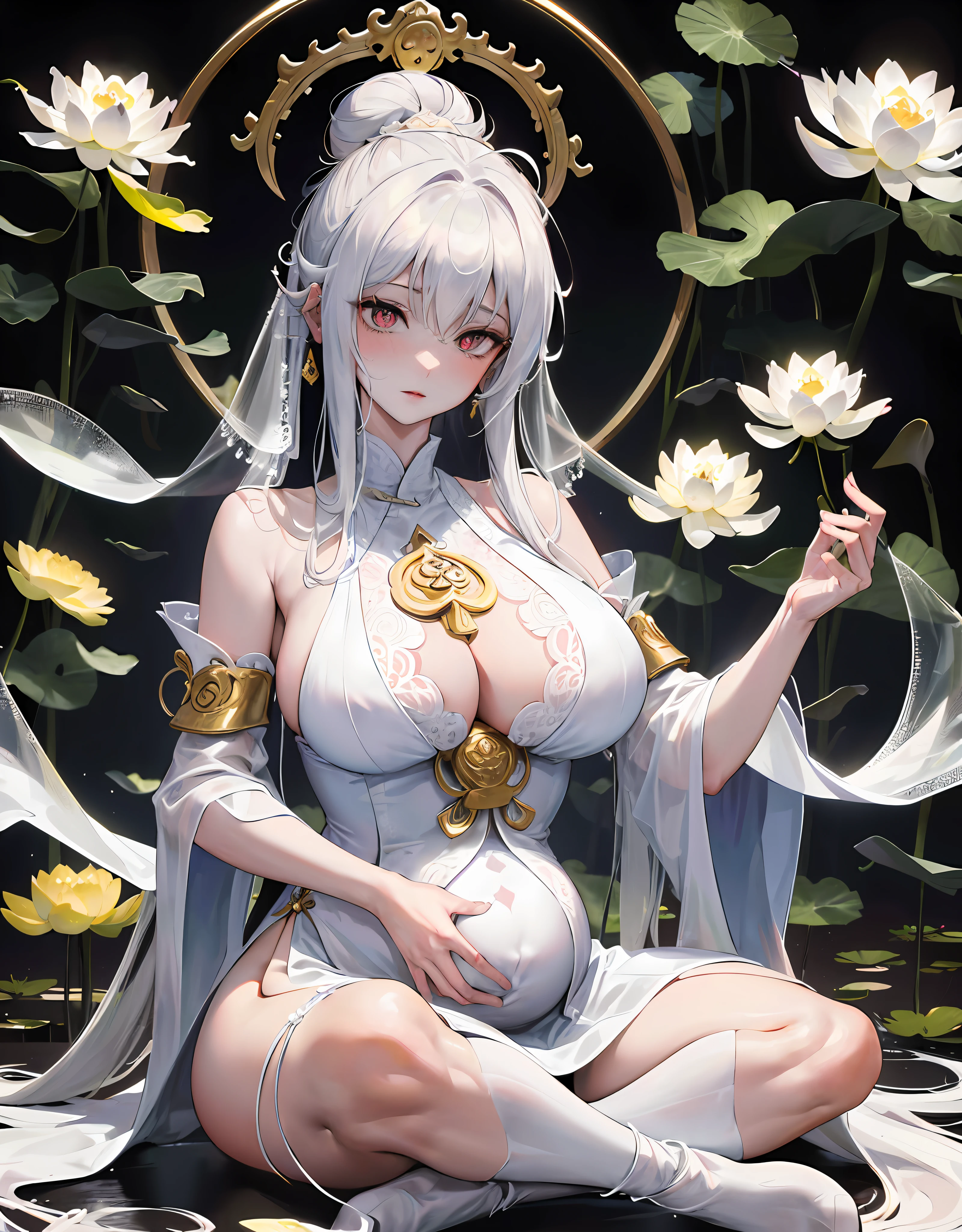 (Avalokiteshvara), Pudu sentient beings, Incarnation of sorrow, Buddhist deity, (1 mature girl), pregnant mother, Nankai dojo, white silk robe, white socks, white ribbon, white veil, pale face, long black hair, black pupils, meditating cross-legged, ((super huge breasts)), mother, ((simple style, white lotus background)), Buddhist disciple, saving suffering, great compassion, purifying sentient beings, extremely solemn, listening to believers in the temple, golden pupils, fair skin, meditating cross-legged, without desire, Shaping holy atmosphere, coiled dragon bun, boundless mana, ancient Chinese aristocracy, beautiful legs, gorgeous ancient Buddhist decoration, (lots of exquisite white lotus ornaments), perfect flesh full of texture, , searing rendering effect, jaw-dropping, captivating visual enjoyment, ((best quality)), ((masterpiece)), maximum definition, multi-layered texture, super detailed, illustration, (super detailed face), (perfect face), clear texture, fine texture, Ultra HD detail display, excellent image performance, High-quality illustrations, perfectly fitting and harmonious tones, deep lines, precise brush strokes, with a strong sense of three-dimensionality and delicate wear, wonderful color matching, intricate details