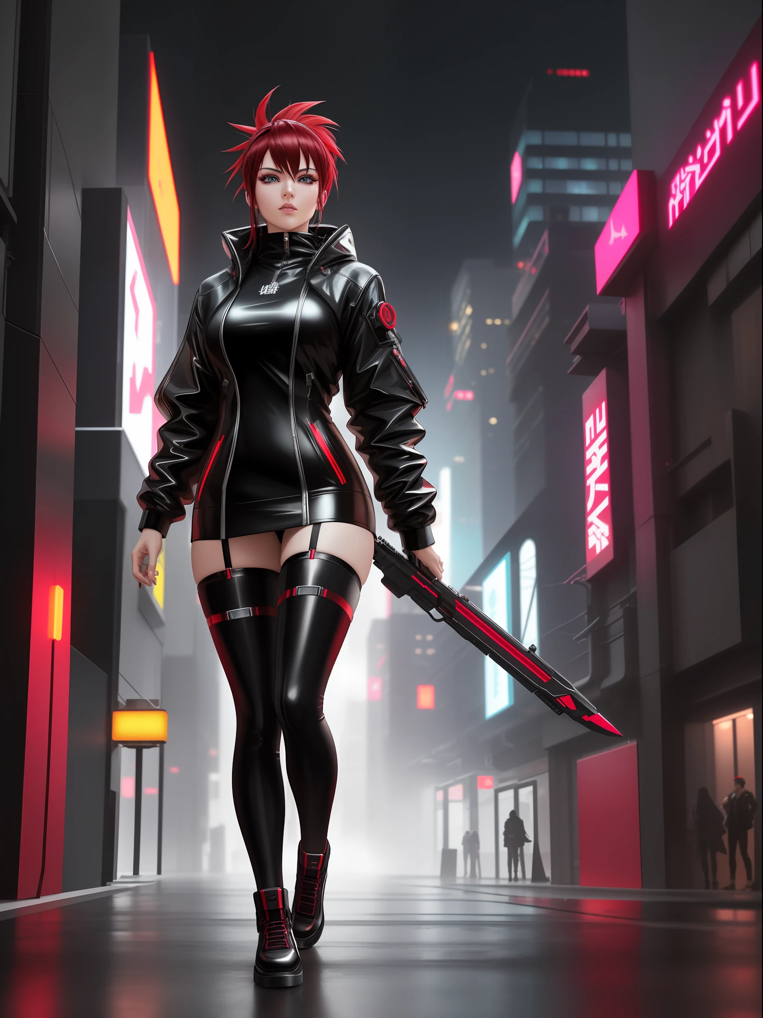 (full body photo:1.6), (A Kawaii Woman:1.5), (wearing cyberpunk red metal+ultra realistic metal outfit:1.5), (she's in a futuristic city with lots of flying cars+at night+raining hard:1.5), (she has mohawk hair roza:1.3), (she has blue eyes:1.3), (she's holding futuristic weapons+sorting+staring at the viewer+striking sexy poses for the viewer:1.5), Draw, 16k, best quality, high details, UHD