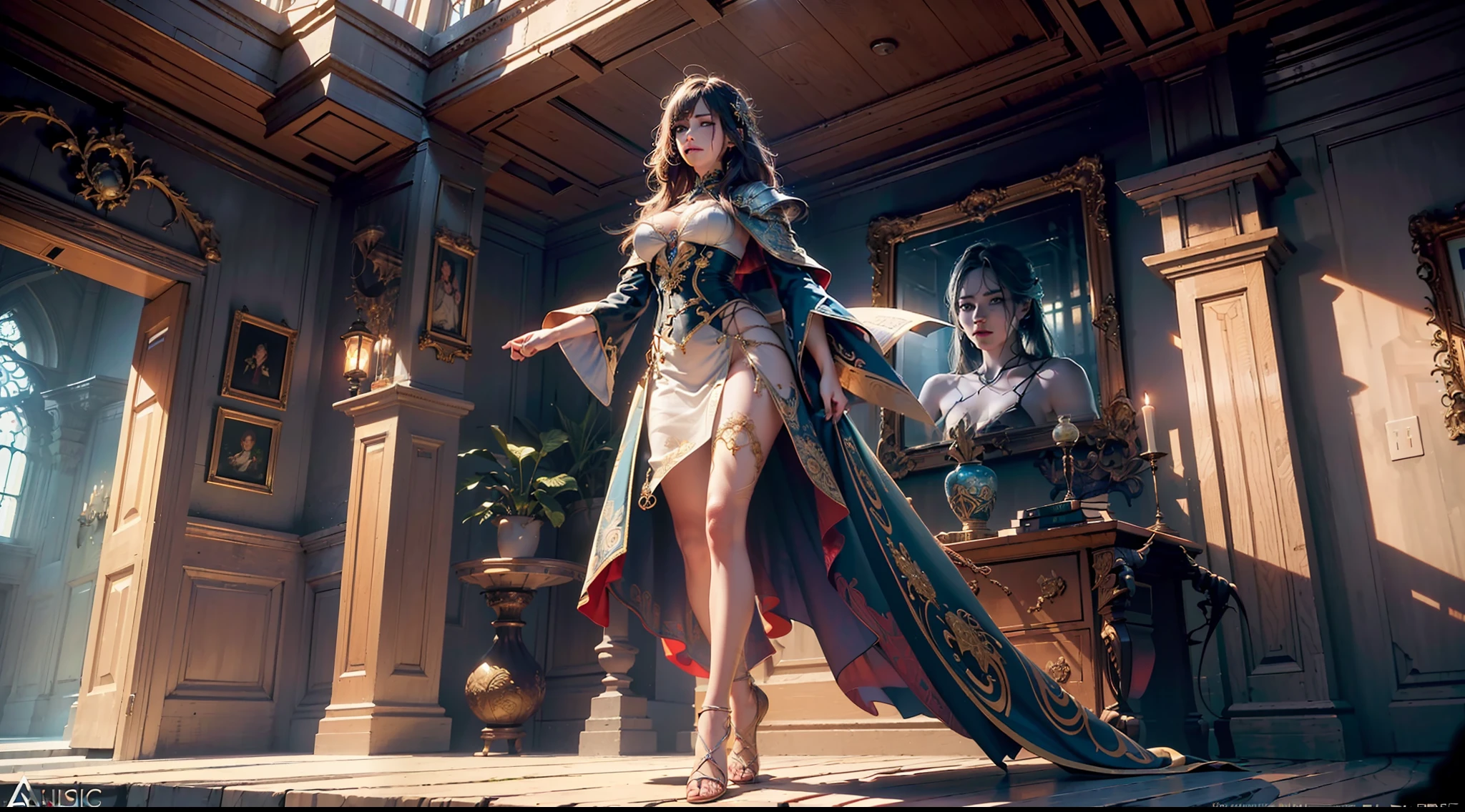 ((best quality)), ((masterpiece:1.2)), (extremely detailed:1.1), (8k, high quality, cinematic, hyper realistic, illustration), (autodesk maya, octane render, unreal engine, game character, ray tracing, hdr), (35mm focal length, f/2 aperture, dynamic perspective, depth of field),(1girl, dynamic angle), the most beautiful form of chaos, a brutalist designed, vivid colours, (zentangle, mandala, tangle, entangle), (fractal art), silk web, 3d, realistic, CG, 3D model, beautiful, elegant, confident, (hdri, bloom, rim lighting, soft lighting, low key), delicate\(armor\) wizard robe
