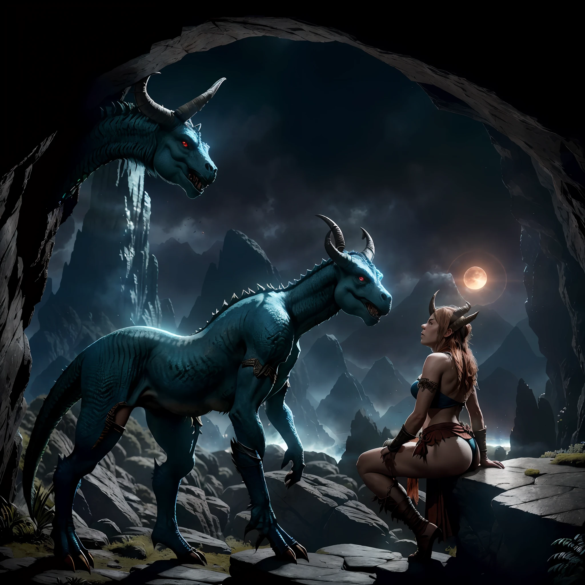 Highly detailed RAW color photo, Rear Angle, Full Body, of (1 female dragonborn druid, wearing torn skirt, horns on head blue skin), outdoors, (hunched over the rocky edge, looking at the Orc structure), on an exotic alien planet from Dungeons and Dragons, toned body, small ass, (Dungeons and Dragons), (highly detailed, hyperdetailed, intricate),  (flare lens: 0.7), (bloom: 0.7), particle effects, raytracing, cinematic lighting, shallow depth of field, shot on a Sony a9 II, 24mm wide-angle lens, sharp focus, cinematic film still from Jurassic Park 2022, (sweaty skin)