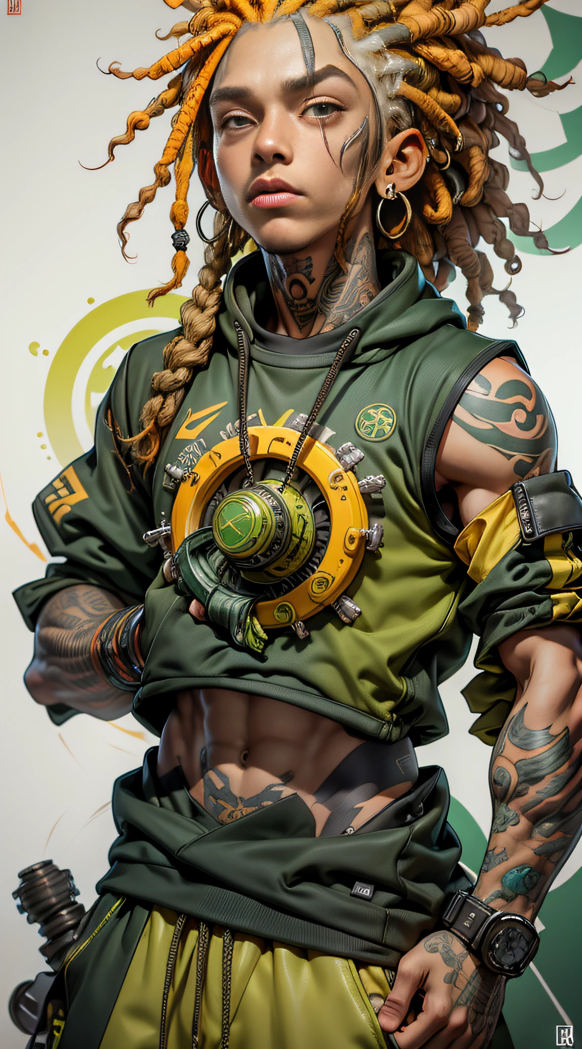 green:1.5, orange:1.1, white:1.3, yellow:1.3, (rapper with dread hair),tattoos, (power puffer clothes:1.2),abstract lines and circles background