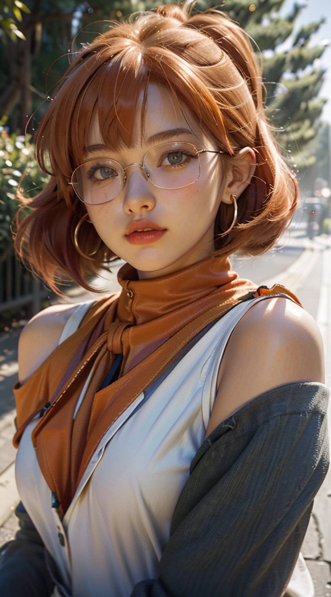 Best quality, masterpiece, portrait, gipsy, ultra high resolution, (photorealistic: 1.4), raw photo, 1girl, off shoulder, cinematic lighting, glasses, earrings in perfect ears, bangs, (orange hair: 2.6 ), (bob cut: 1.5), full body, legs