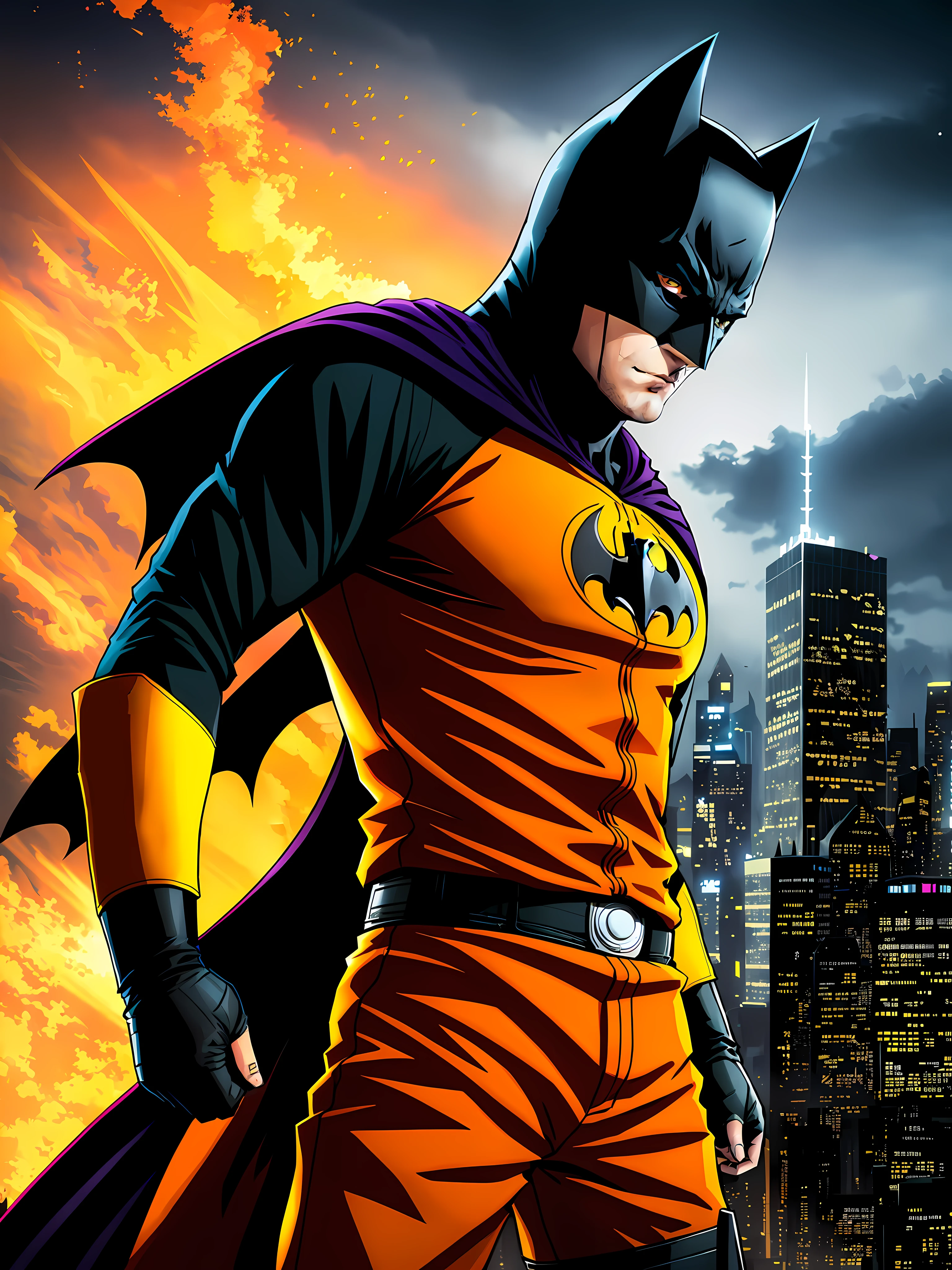 batman in a yellow and black outfit standing in front of a city, in batman comic book, textless, inspired by Tim Doyle, dc comics art style, anigirl batman, fan art, epic comic book style, batman, comic book character, hero pose colorful city lighting, in batman comics, from movie batman, adam west as batman 2022, the batman