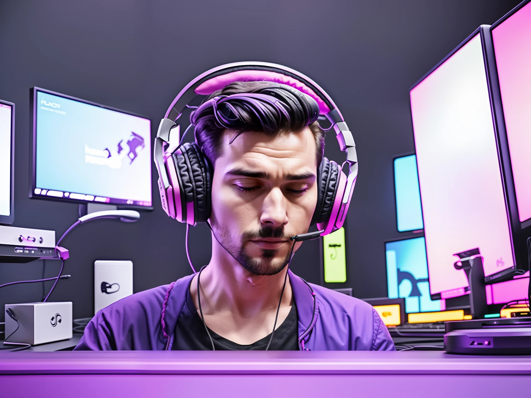 there is a man sitting in front of a computer with headphones on, wearing a gaming headset, wearing gaming headset, music being played, wearing purple headphones, listening to godly music, streaming on twitch, sitting at a control center, wearing modern headphone, with headphones, wearing black headphones, synthwave image, headphones dj rave, with head phones, headphones on