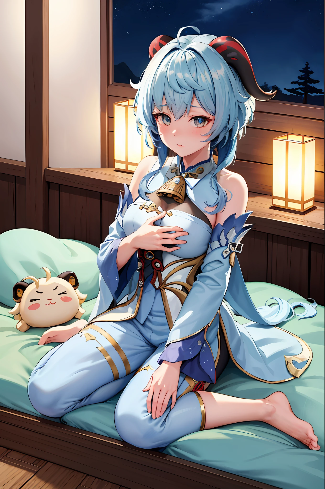 (Masterpiece, Best Quality, High Quality, Highres:1.5), Detailed, Extremely Detailed, Ambient Soft Lighting, 4K, (Extremely Detailed Eyes:1.5),
(ganyu \(genshin impact\):1.5), 1girl, solo, blue hair, blush, shy, full body, (bedroom:1.2), (wariza:1.5), (pov hands:1.5), (headpat:1.5), (night:1.5), can't be this cute, (blue pajamas:1.2), from above, spoken heart,
