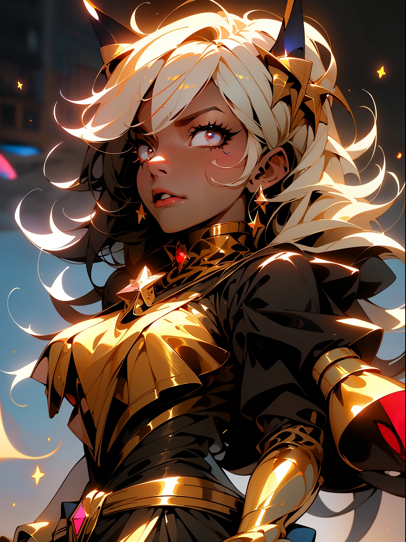 ((Best quality)), ((masterpiece)), (detailed: 1.4), (Absurd), angry princess, ((action pose)), (((black Muslim woman wearing long black dress with gold ornaments and red face covered)))), (((burqa))), (((back))), ready for war, dark skinned, black middle eastern woman, sculptural body with defined muscles, closed mouth, muscular body covered by a Hoyoverse-style technological dress, Honkai Impact, Geishin Impast, technological veil covering the face, Veil covering the head, whole body covered by clothing, holding two scimitars, ((small breasts)), (eyes with heavy makeup and very black without pupils), ((black and gold clothing with small red details)), (((short black hair)), (Arabic inscriptions on the arms), ((designs of golden stars on the arms)), very long eyelashes, heavy eye makeup, lots of jewelry, by mucha, niji --V5, close to real, psychopathic, crazy face, sexy pose, background with a giant Gundam style robot head, 2 piece clothing, diamond shoulder pads, pastel, centered, scale to fit dimensions, HDR (High Dynamic Range),Ray Tracing,NVIDIA RTX,Super-Resolution,Unreal 5,Subsurface dispersion, PBR texture, Post-processing, Anisotropic filtering, Depth of field, Maximum clarity and sharpness, Multilayer textures, Albedo and specular maps, Surface shading, Accurate simulation of light-material interaction, Perfect proportions, Octane Render, Two-tone lighting, Wide aperture, Low ISO, White balance, Rule of thirds, 8K RAW, crysisnanosuit