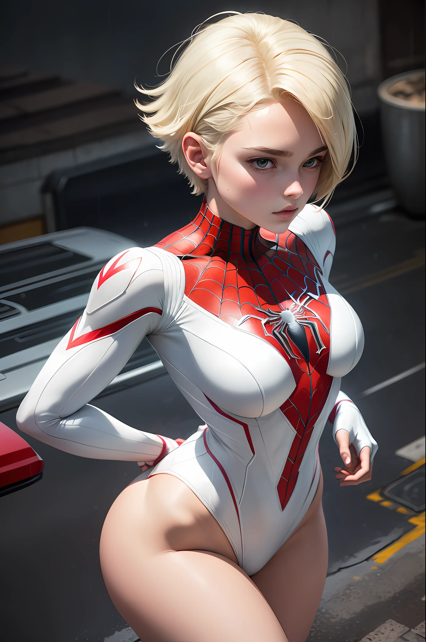 18 yo girl, white spider man suit, short blunt hair, blonde, beautiful face, rain, roof, masterpiece, intricate detail, perfect anatomy