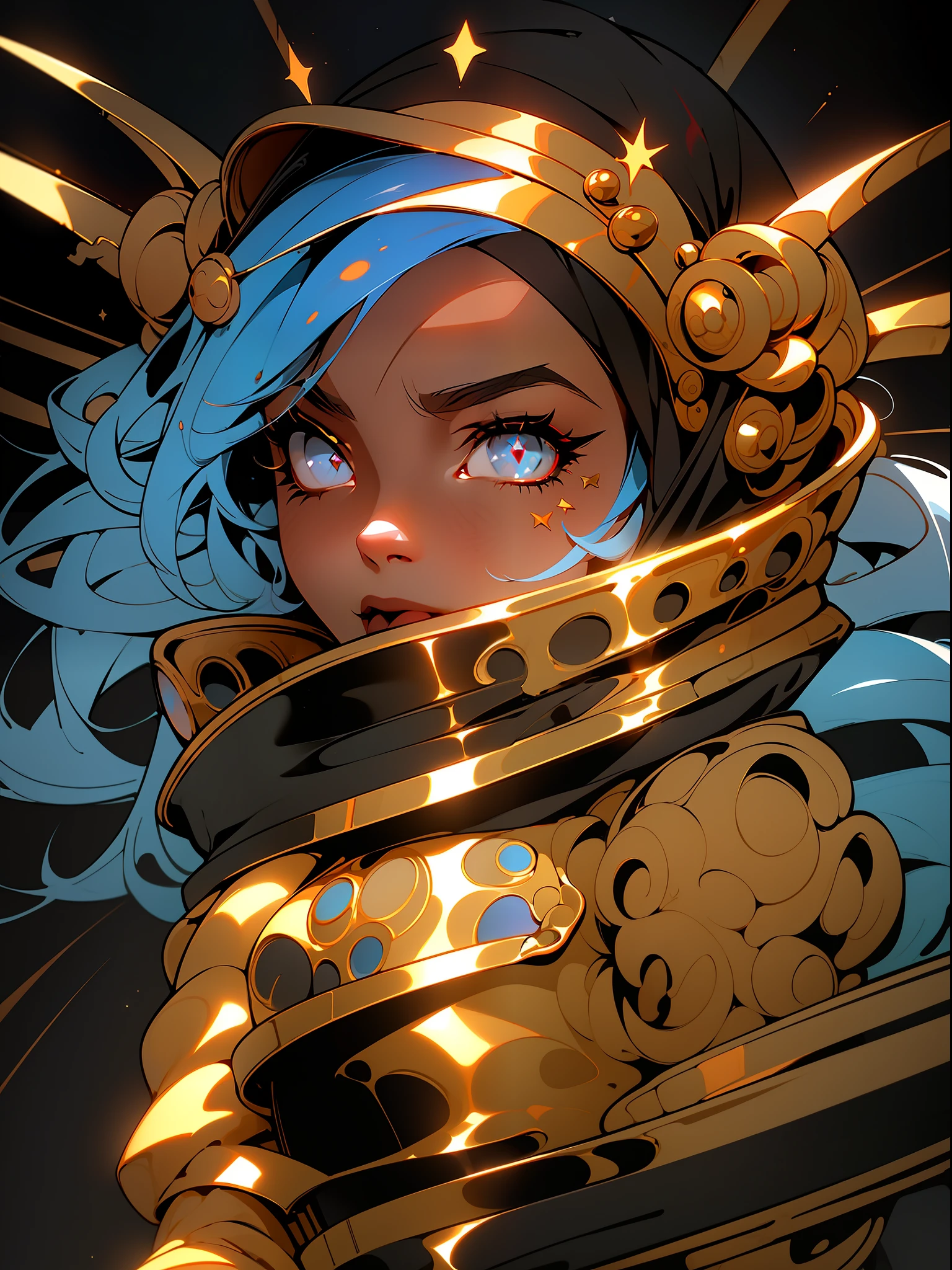 ((Best quality)), ((masterpiece)), (detailed: 1.4), (Absurd), angry princess, ((action pose)), (((black Muslim woman wearing long black dress with gold ornaments and red face covered)))), (((burqa))), (((back))), ready for war, dark skinned, black middle eastern woman, sculptural body with defined muscles, closed mouth, muscular body covered by a Hoyoverse-style technological dress, Honkai Impact, Geishin Impast, technological veil covering the face, Veil covering the head, whole body covered by clothing, holding two scimitars, ((small breasts)), (eyes with heavy makeup and very black without pupils), ((black and gold clothing with small red details)), (((short black hair)), (Arabic inscriptions on the arms), ((designs of golden stars on the arms)), very long eyelashes, heavy eye makeup, lots of jewelry, by mucha, niji --V5, close to real, psychopathic, crazy face, sexy pose, background with a giant Gundam style robot head, 2 piece clothing, diamond shoulder pads, pastel, centered, scale to fit dimensions, HDR (High Dynamic Range),Ray Tracing,NVIDIA RTX,Super-Resolution,Unreal 5,Subsurface dispersion, PBR texture, Post-processing, Anisotropic filtering, Depth of field, Maximum clarity and sharpness, Multilayer textures, Albedo and specular maps, Surface shading, Accurate simulation of light-material interaction, Perfect proportions, Octane Render, Two-tone lighting, Wide aperture, Low ISO, White balance, Rule of thirds, 8K RAW, crysisnanosuit