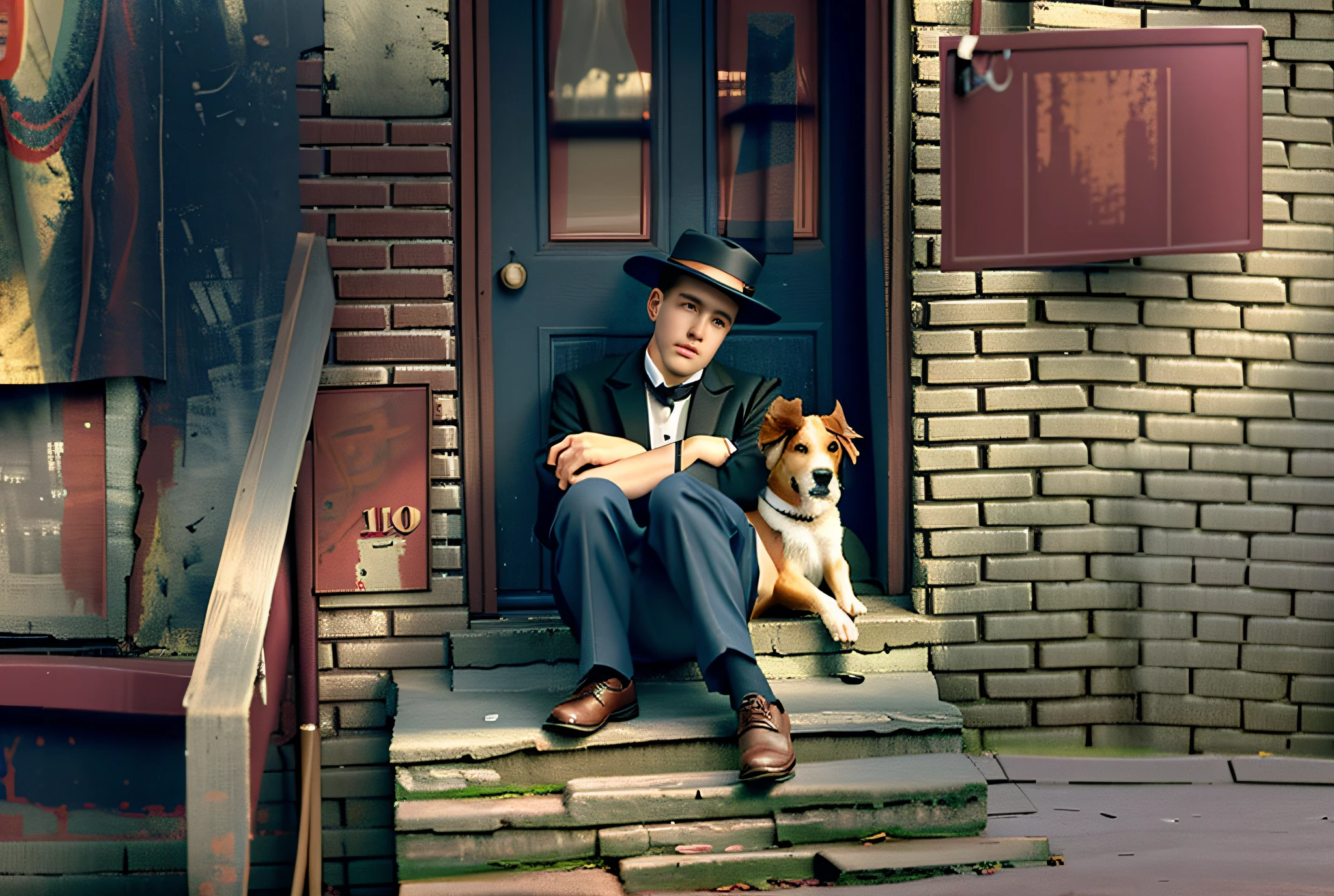 Use the same photo from the prompt or ControlNet: 1.6, Identical to the reference photo: 1.7, man sitting on steps with a dog in front of a door, 1910s, 1 9 1 0 s, 1 9 1 0, 1910, 1915, 1913, 1 9 1 3, 1910 photography, in the film 1 9 2 2, 1905, DSLR, cinematic lighting, studio light, flawless photography, PSD, photo realism.
