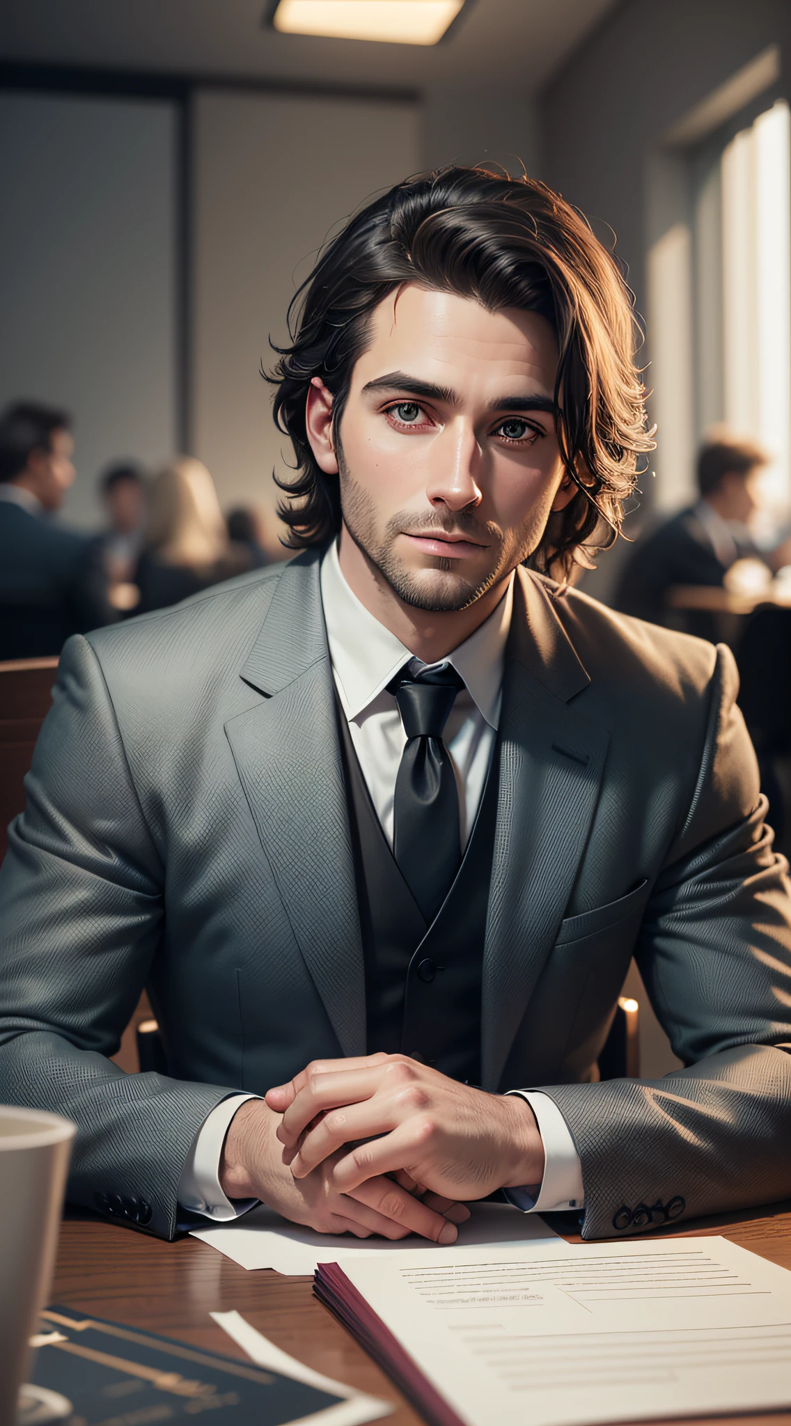 Portrait of a 30 year old man in suit and tie sitting on a black leather chair, Office, body and head straight in the photo and facing the viewer of the photo, Office, eyes staring at the lens, appear shoulders and head in the photo, man centered in the photo, background blurred, both hands on the table, open book on the table, 8k, best quality, masterpiece, realistic, realistic photo, movie photo, ultra realistic, 1 person, detailed, perfect lighting, DSRL, professional photo, 4k. --auto --s2
