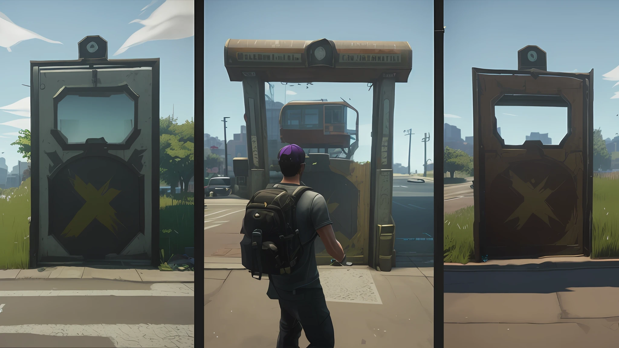 there are three different pictures of a man walking down the street, realism in style of fornite game, ingame image, realistic fortnite, style of gta v, in-game cimematic, screenshot from game, screenshot from the game, looks realistic, luscious ) in the last of us, style of inside game, in - game, in-game, dev textures