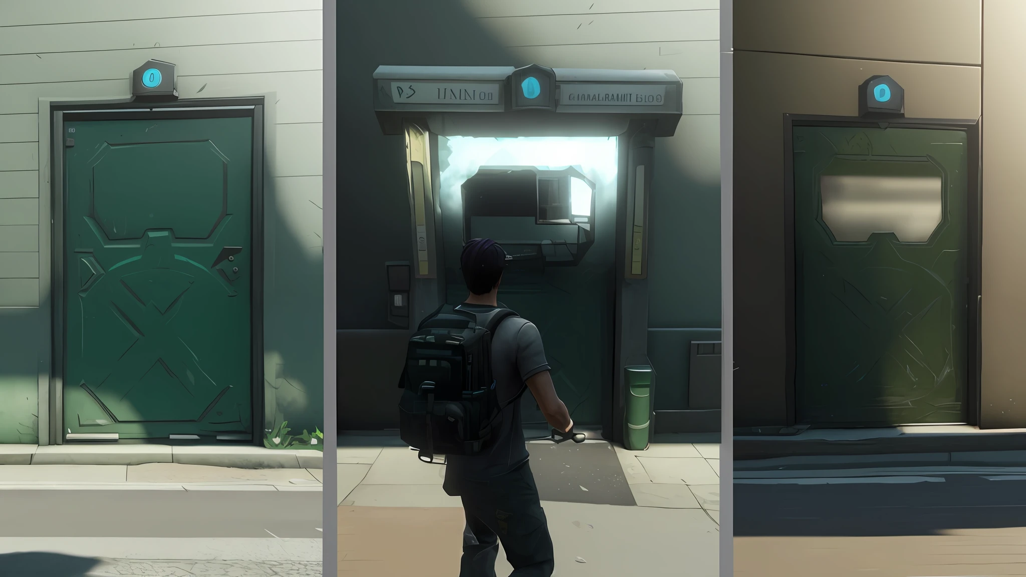 there are three different pictures of a man walking down the street, realism in style of fornite game, ingame image, realistic fortnite, style of gta v, in-game cimematic, screenshot from game, screenshot from the game, looks realistic, luscious ) in the last of us, style of inside game, in - game, in-game, dev textures