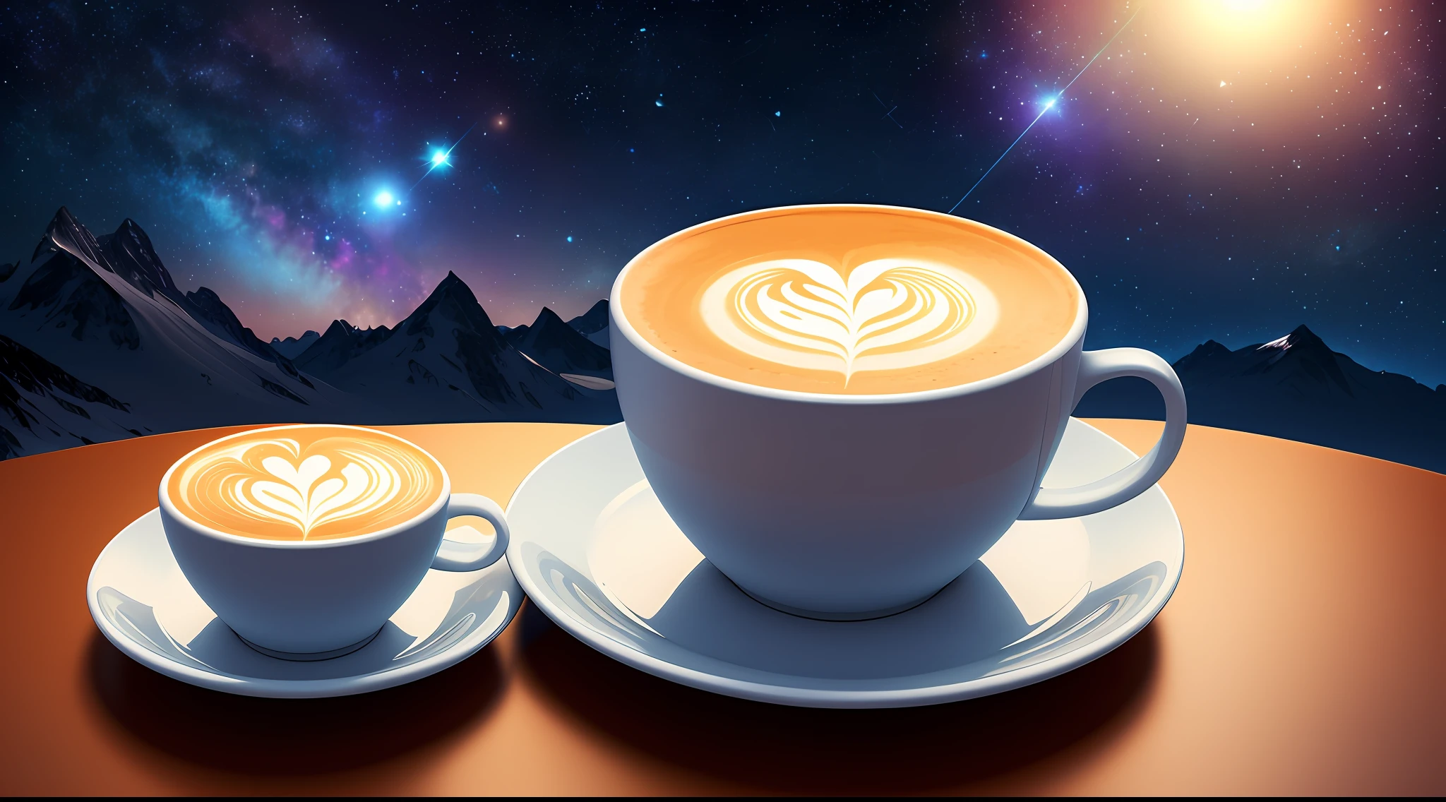 a cup of coffee on a saucer with a saucer, coffee and background stars, beautiful composition 3 - d 4 k, 4k highly detailed digital art, cup of coffee, 3 d render beeple, by Cyril Rolando, by Alexander Kucharsky, the sacred cup of understading, 3d digital art 4k