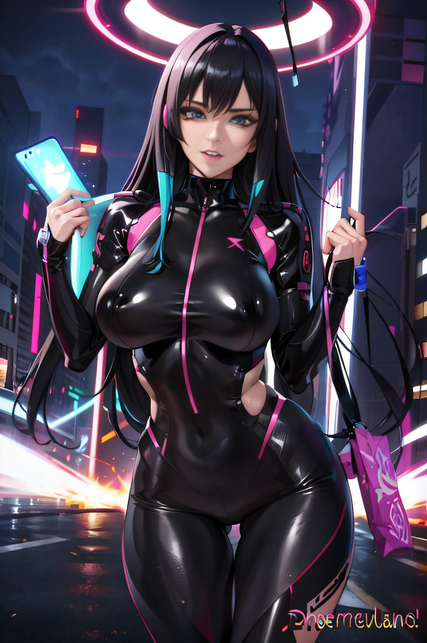 a woman in a black and pink outfit holding a cell phone, oppai cyberpunk, female cyberpunk anime girl, cyberpunk anime girl, digital cyberpunk anime art, anime cyberpunk art, cyberpunk anime girl mech, cyberpunk girl, cyberpunk anime girl in hoodie, cyberpunk anime art, cyber suit, jet black haired cyberpunk girl, digital cyberpunk - anime art, cyberpunk suit, anime cyberpunk