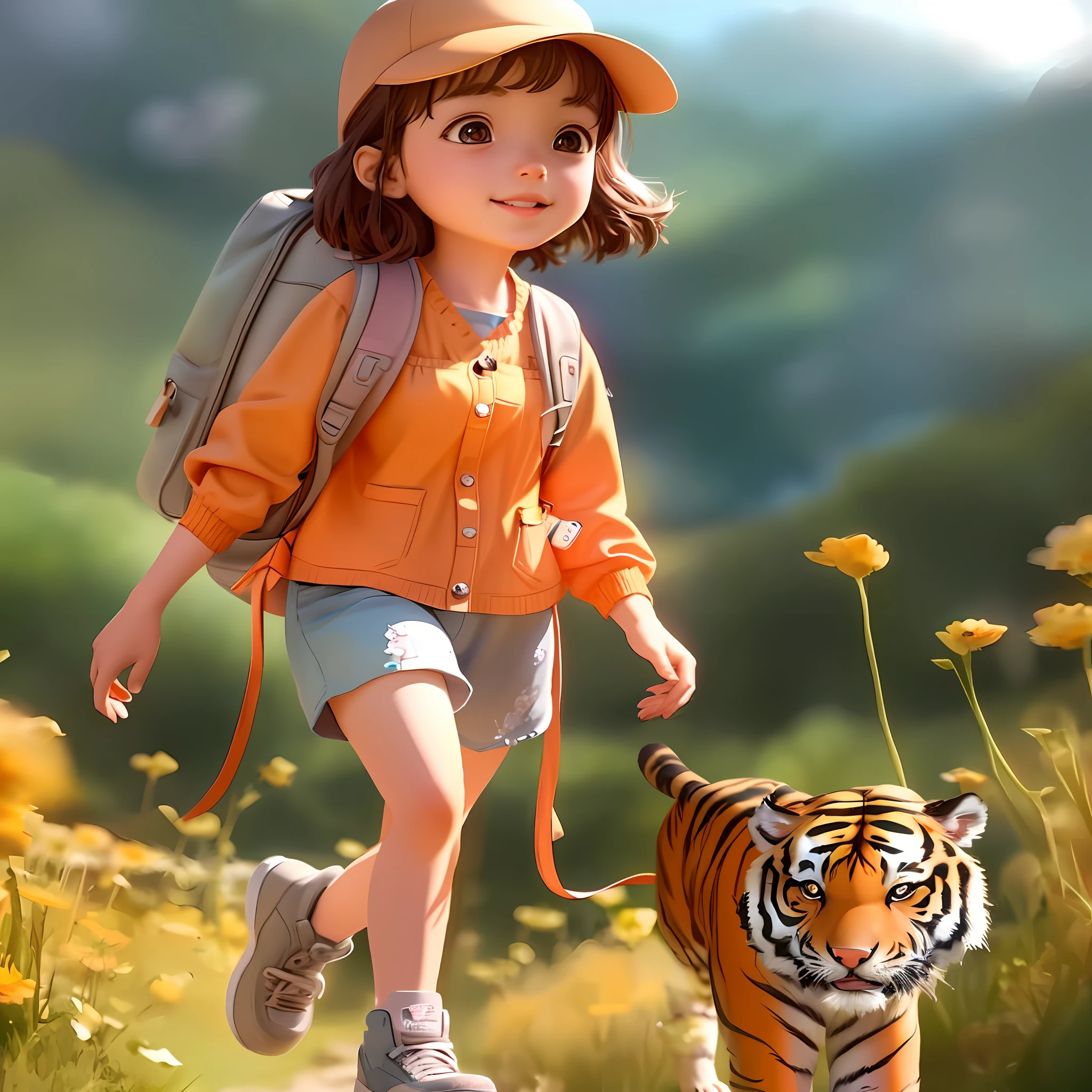 Father's Day poster, girl daughter of man and Arafad image, seaside, a dog, cute digital painting, realistic anime 3 D style, kids art in ArtStation, adventure surreal rendering, digital cartoon drawing art, cute detailed digital art, fantasy matte painting, cute, cartoon digital painting, Artgerm and Atey Ghailan, animated style rendering, tiger turns into a puppy