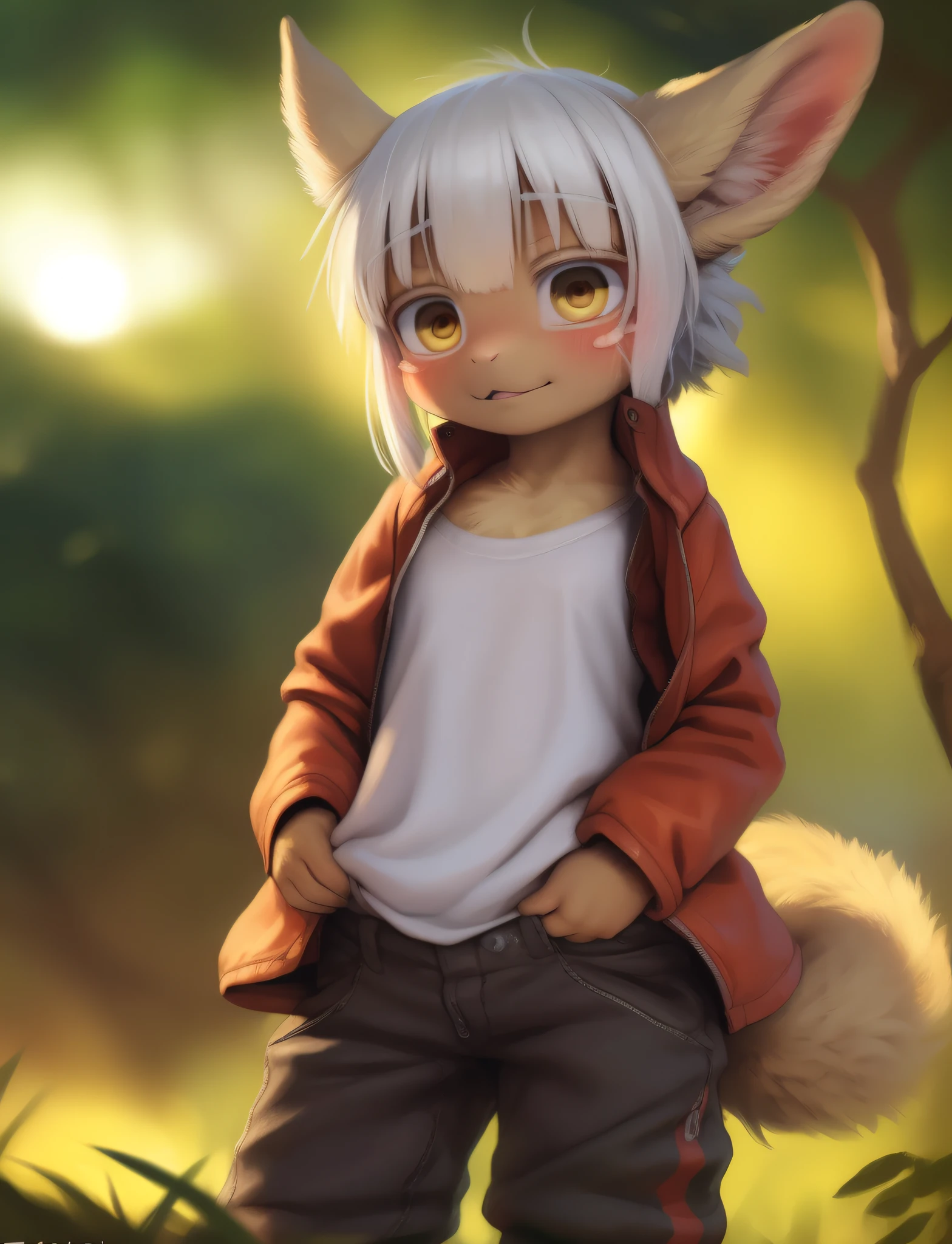 by kenket, by totesfleisch8, (by thebigslick, by silverfox5213:0.8), (by syuro:0.2), 1girl, solo, furry, nanachi \(made in abyss\), nanachipants, standing, looking at viewer, (uploaded on e621,8k, RAW photo, high resolution,high quality), ((masterpiece)), female, (wear shirt and bottomless), (front view), (cinematic lighting), backlighting, (shaded), detailed background, by dagasi, (by personalami), [by Ruan Jia], photorealistic, hyperrealistic,
