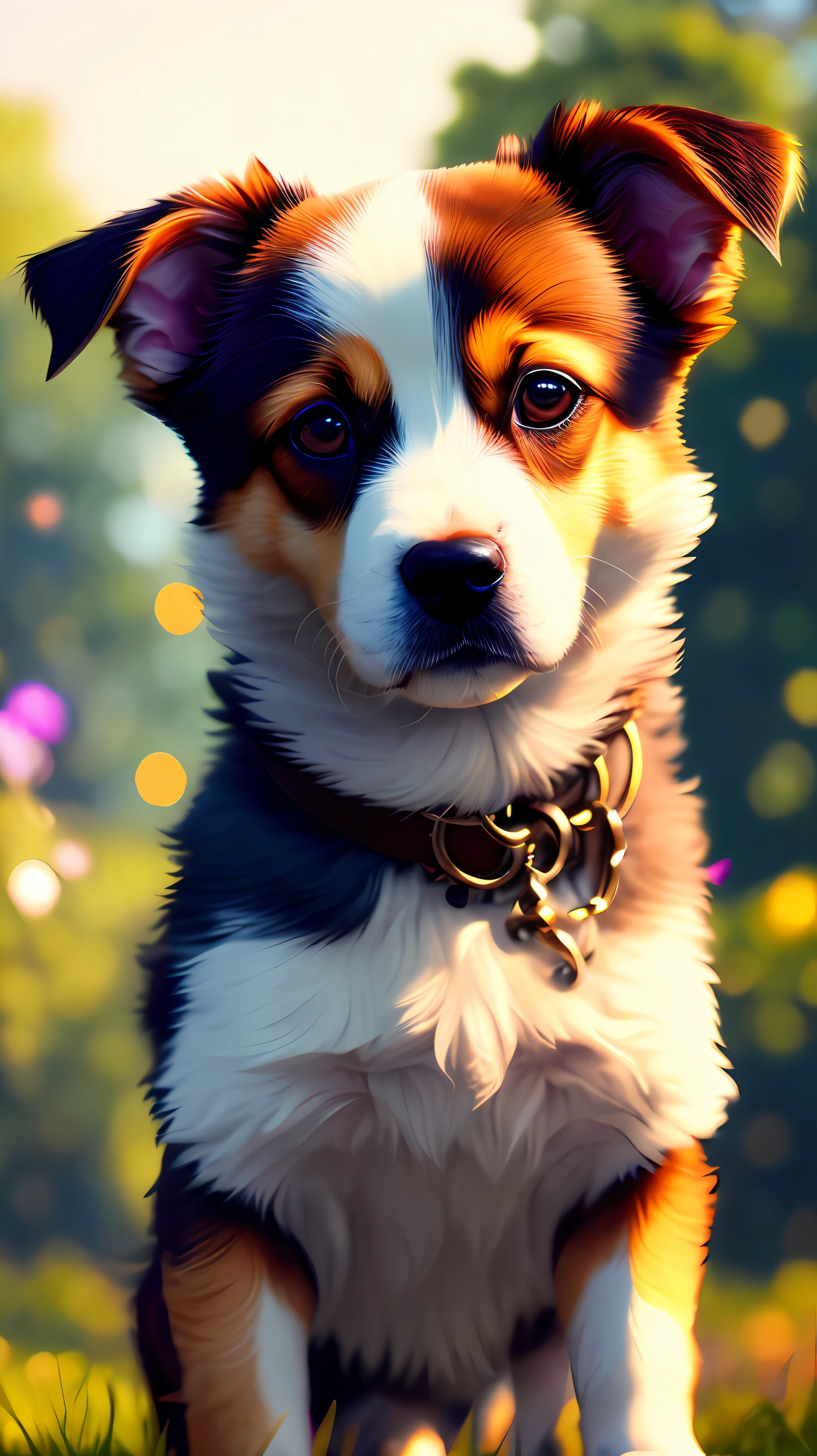 there is a dog that is sitting in the grass with a collar, adorable digital painting, ultra realistic picture, digital painting highly detailed, photo realistic style, cute dog, photorealistic picture, cute 3 d render, cute corgi, digital art animal photo, realistic picture, cute detailed digital art, highly detailed photorealistic, super detailed render, highly realistic photo